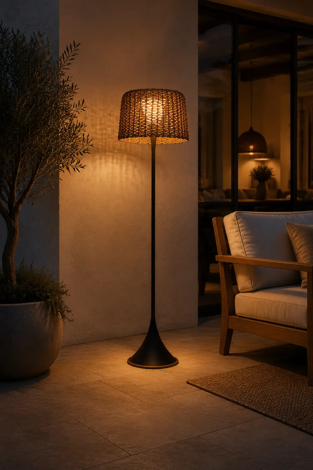 Ritta Waterproof Outdoor Floor Lamp, Rattan Black/White Balcony/Terrace - Lumpaz