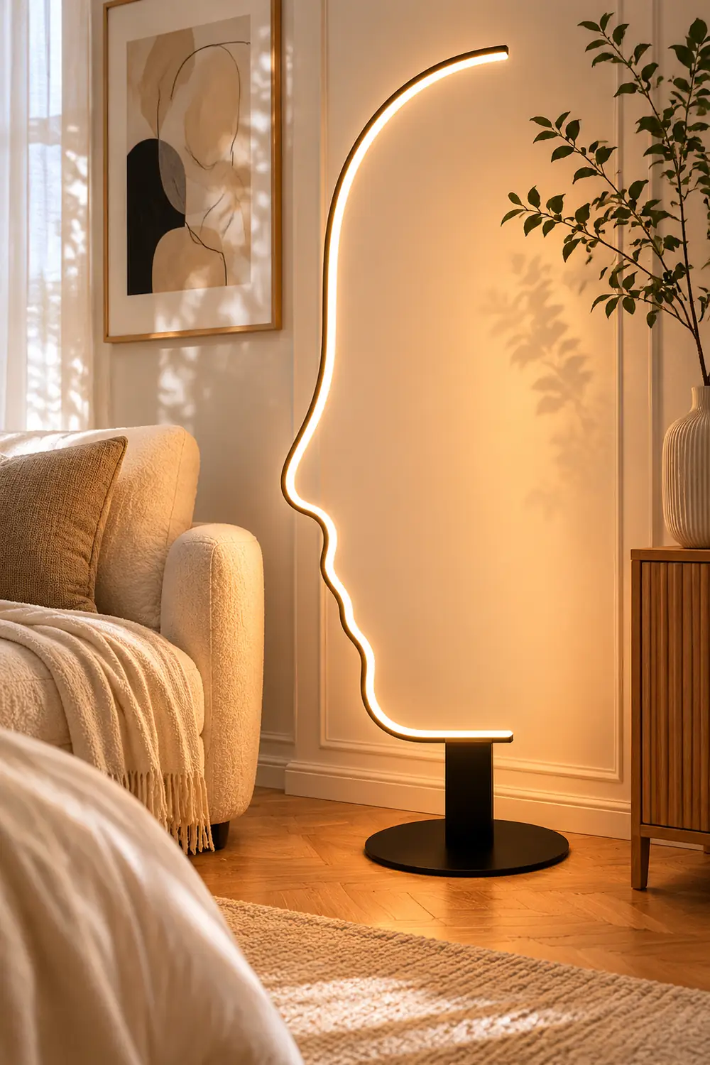 Edge Human Face Profile Modern Arc Floor Lamp, Black, Metal/Silicon - Lumpaz