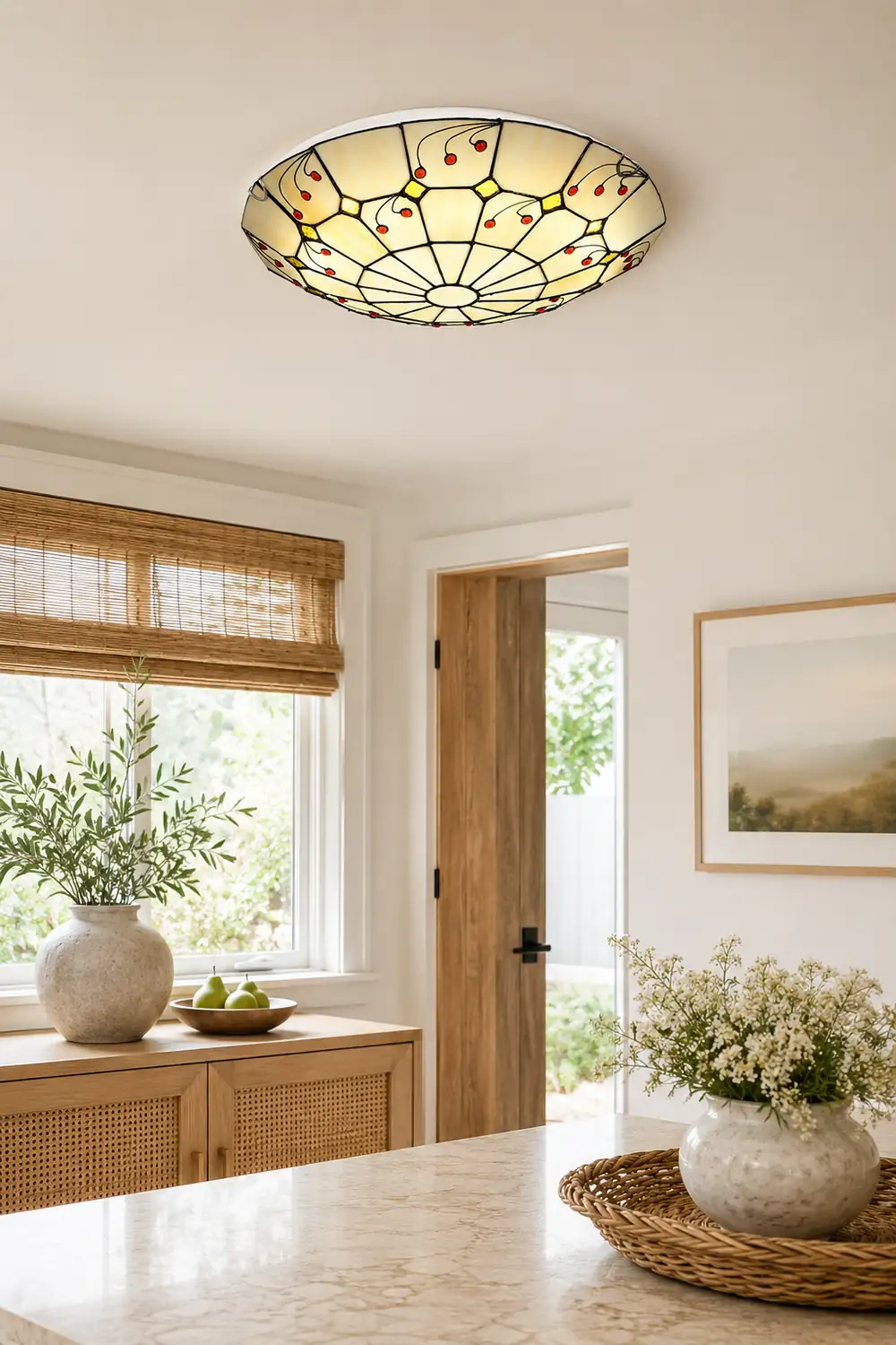 Eryn Rustic Glass Flush Mount Ceiling Light, White, Kitchen - Lumpaz
