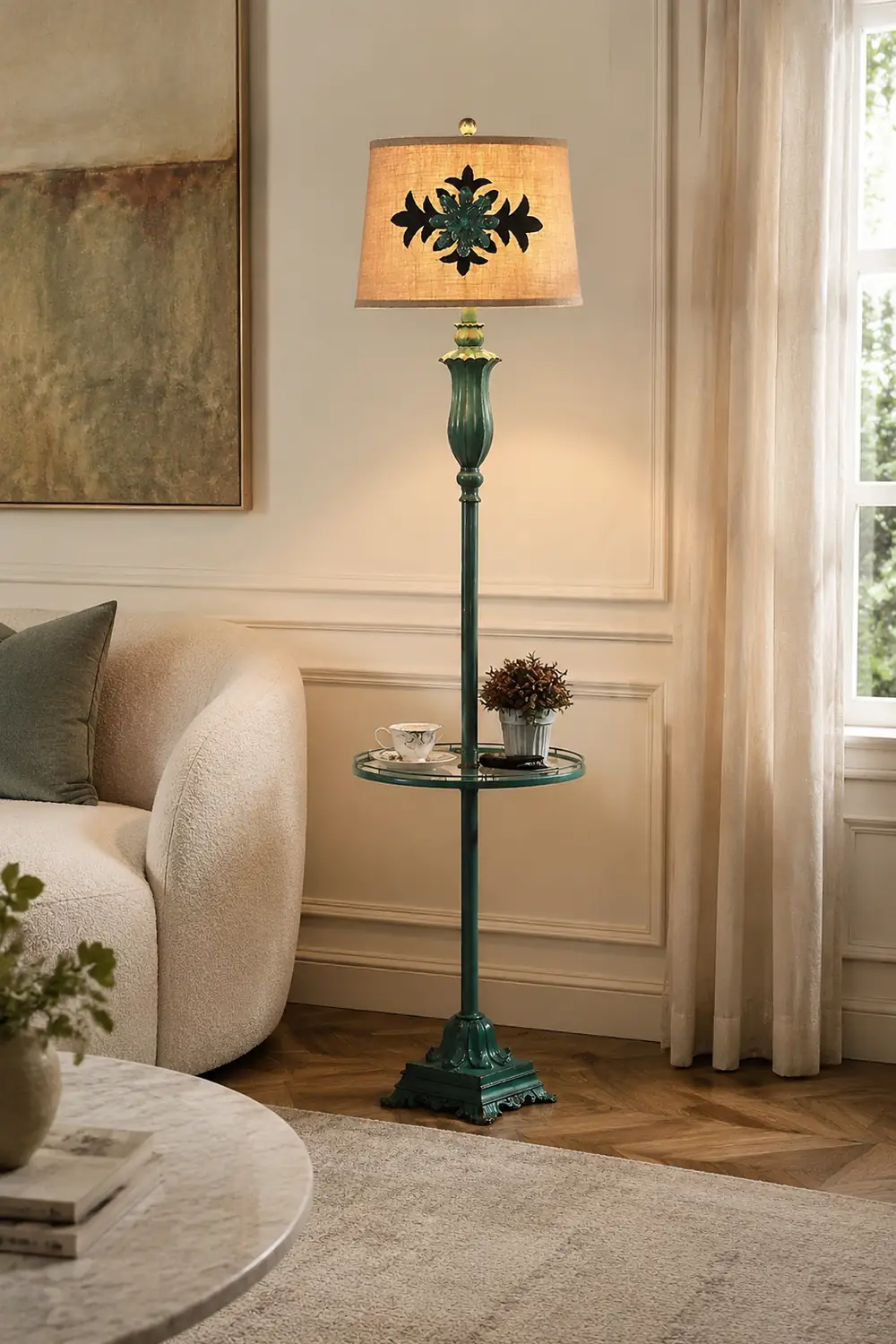 Eryn Floor Lamp Table Vintage, Metal/Resin, Green, Living Room - Lumpaz