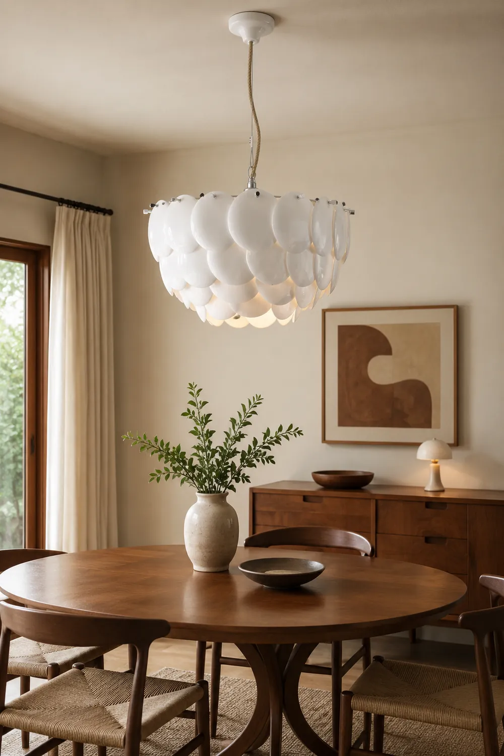 Lottie Wihte Art Deco Chandelier Light Fixture, Ceramic Leaf & Metal - Lumpaz