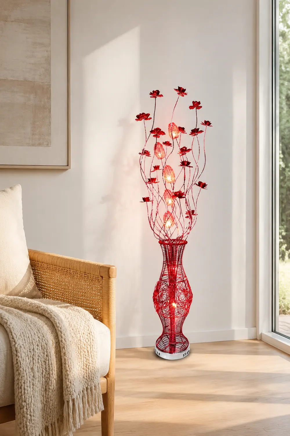 Bella Art Deco Flower Vase Metal Red Floor Lamp, Living Room - Lumpaz