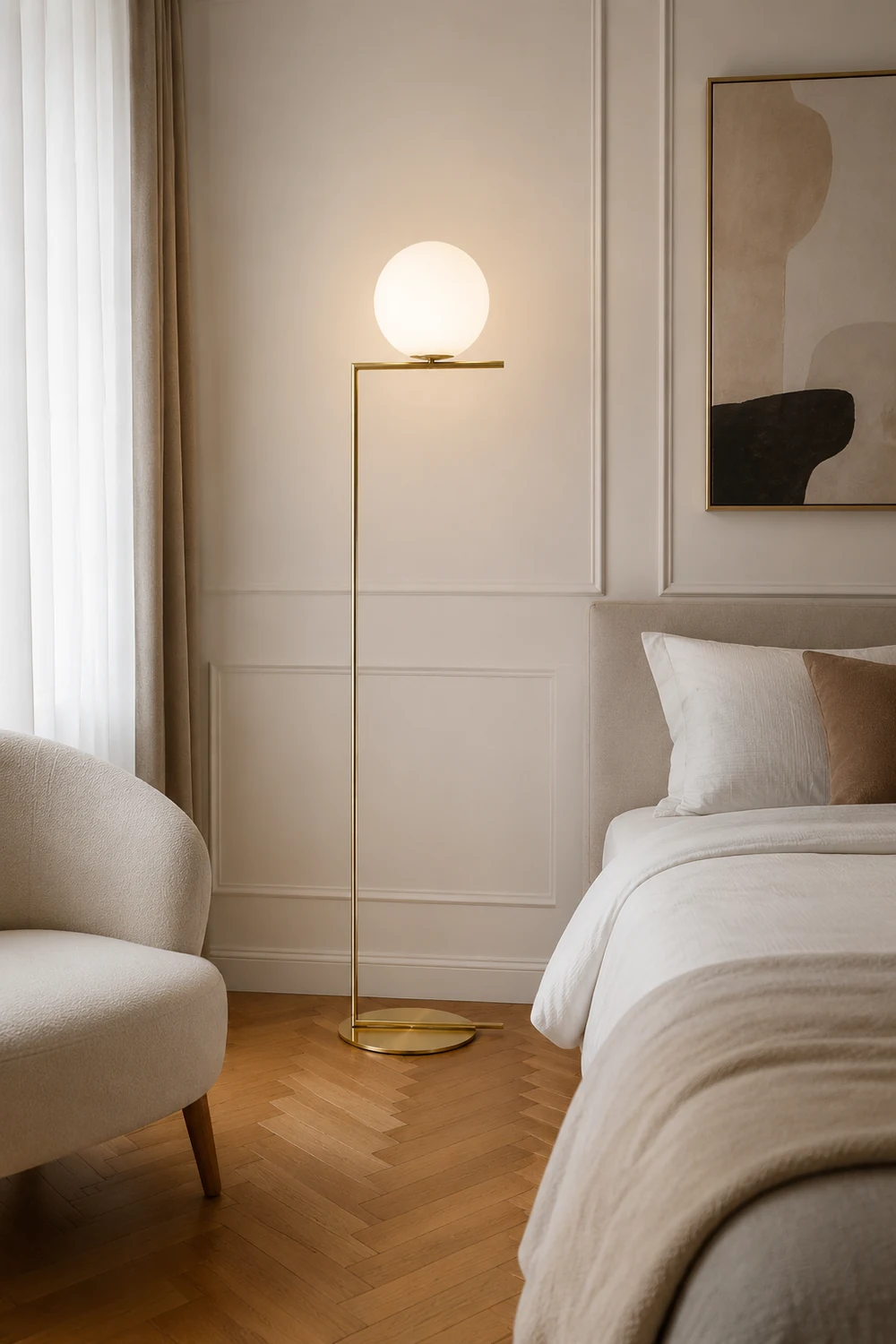 Valentina Modern Right Angle Globe Metal/Glass Standing Floor Lamp, Brass/Silver - Lumpaz