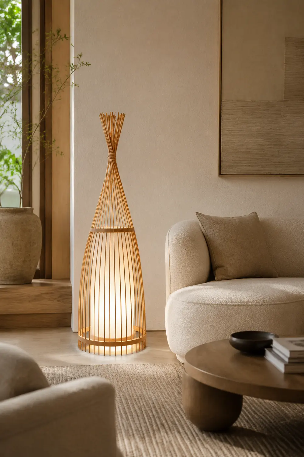 Ozawa Rustic Bottle Standing Floor Lamp, Rattan/Fabric, Bedroom - Lumpaz