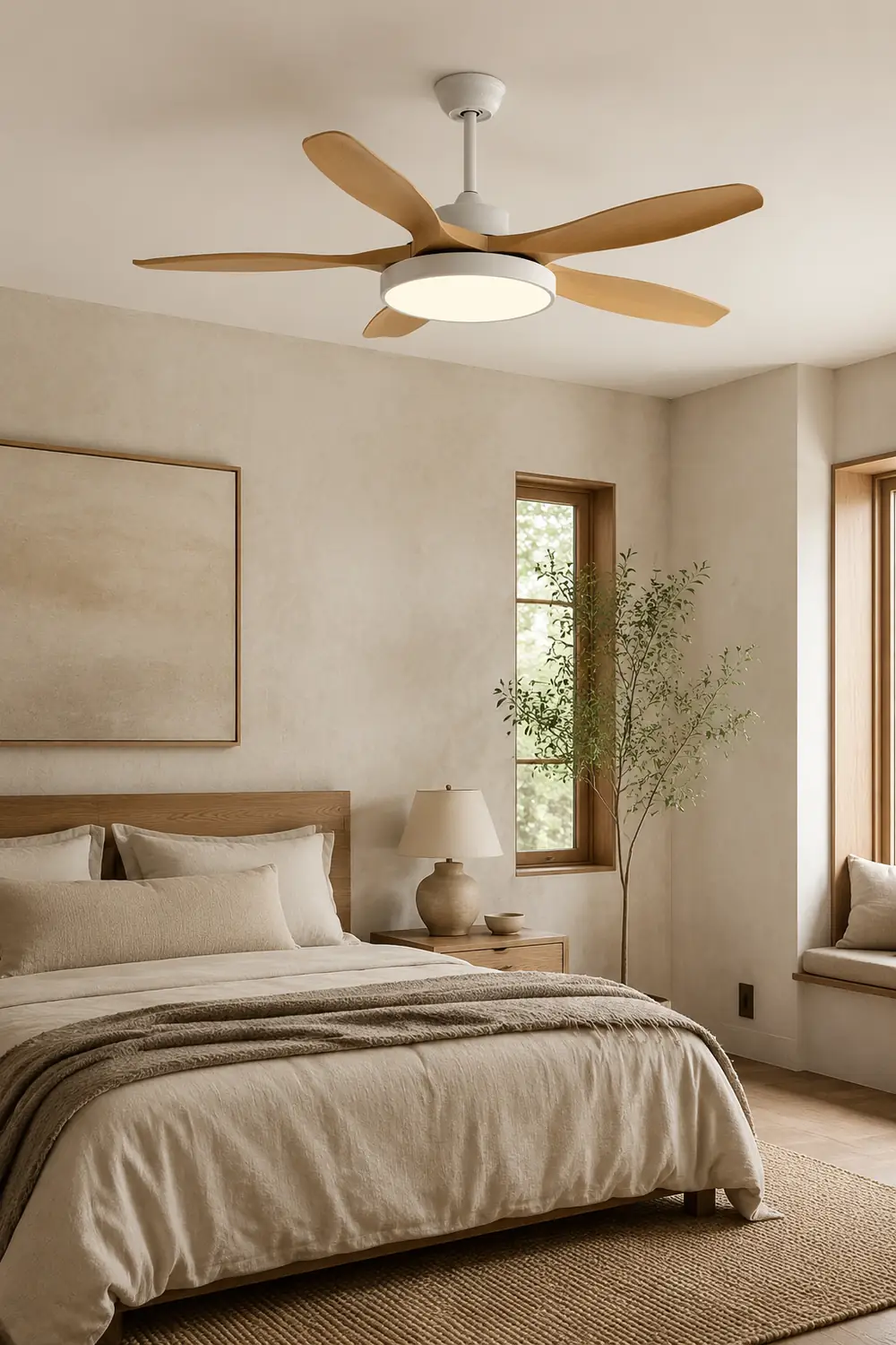 Ozawa Basic White & Black Modern 5-Blade DC Ceiling Fan with Light, Wood, 51'' - Lumpaz