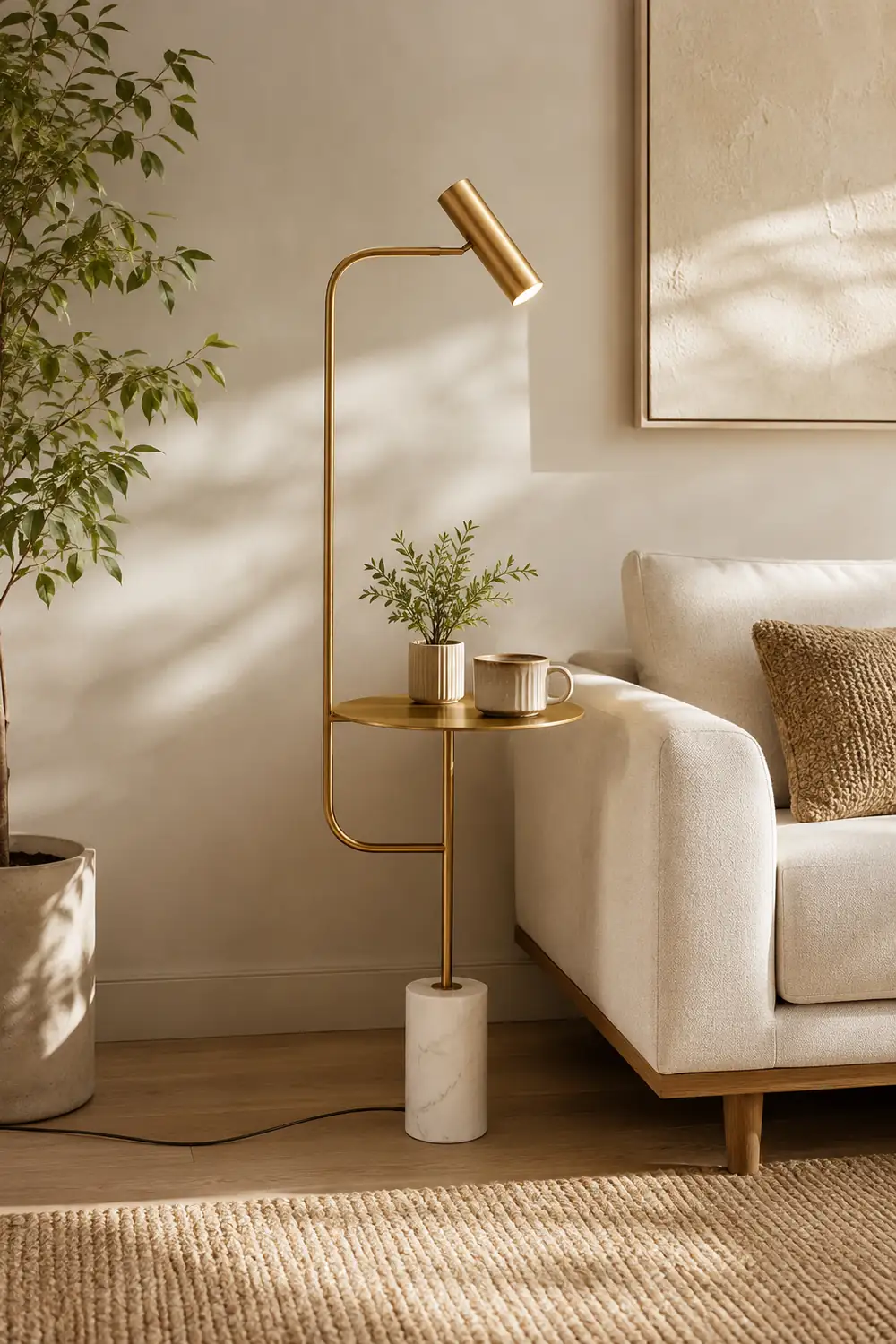 Salgado Minimalist Metal Floor Lamp With Table, Black/Gold - Lumpaz