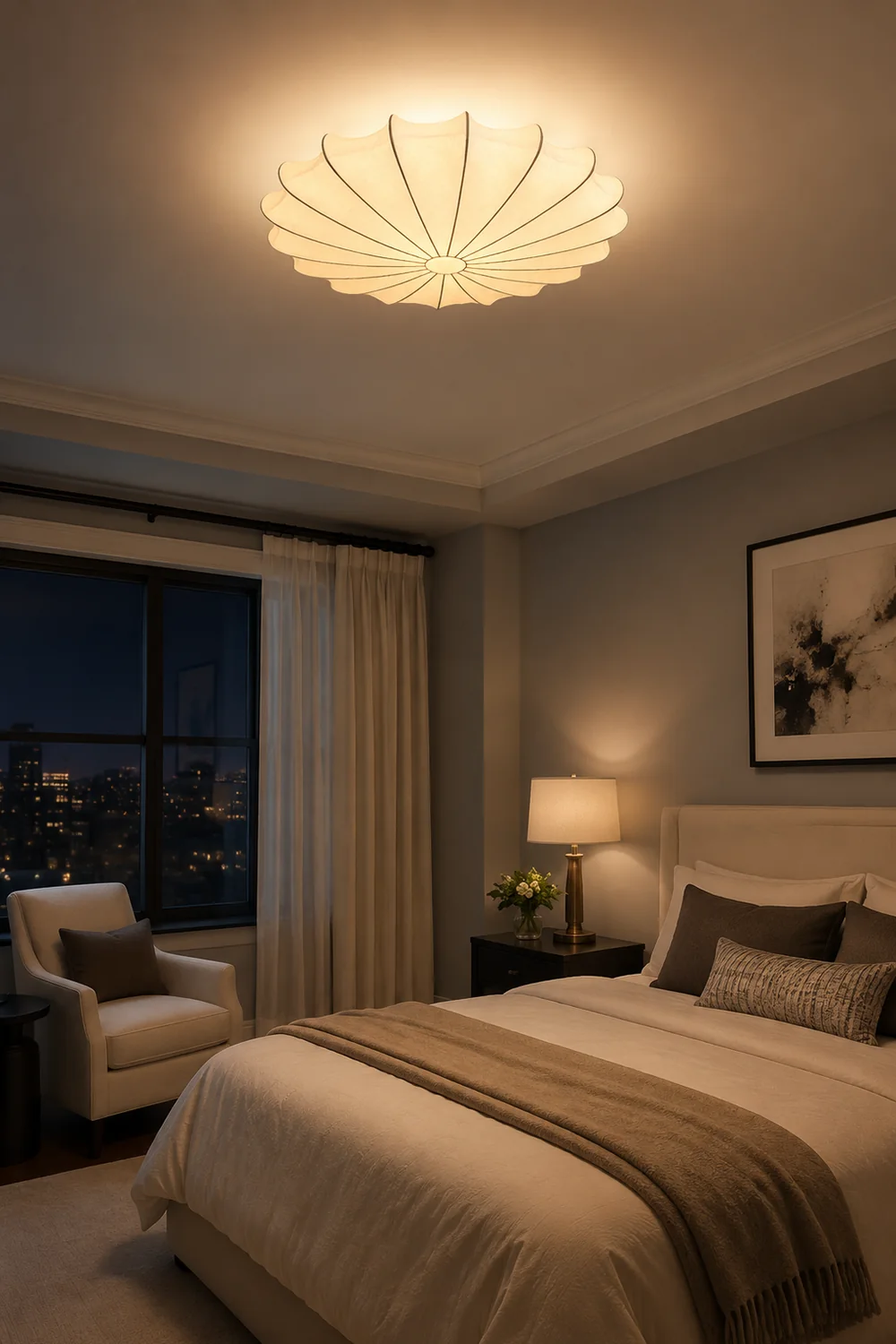 Renée Modern Elagant Round Metal/Fabric Flush Mount Ceiling Light, White - Lumpaz
