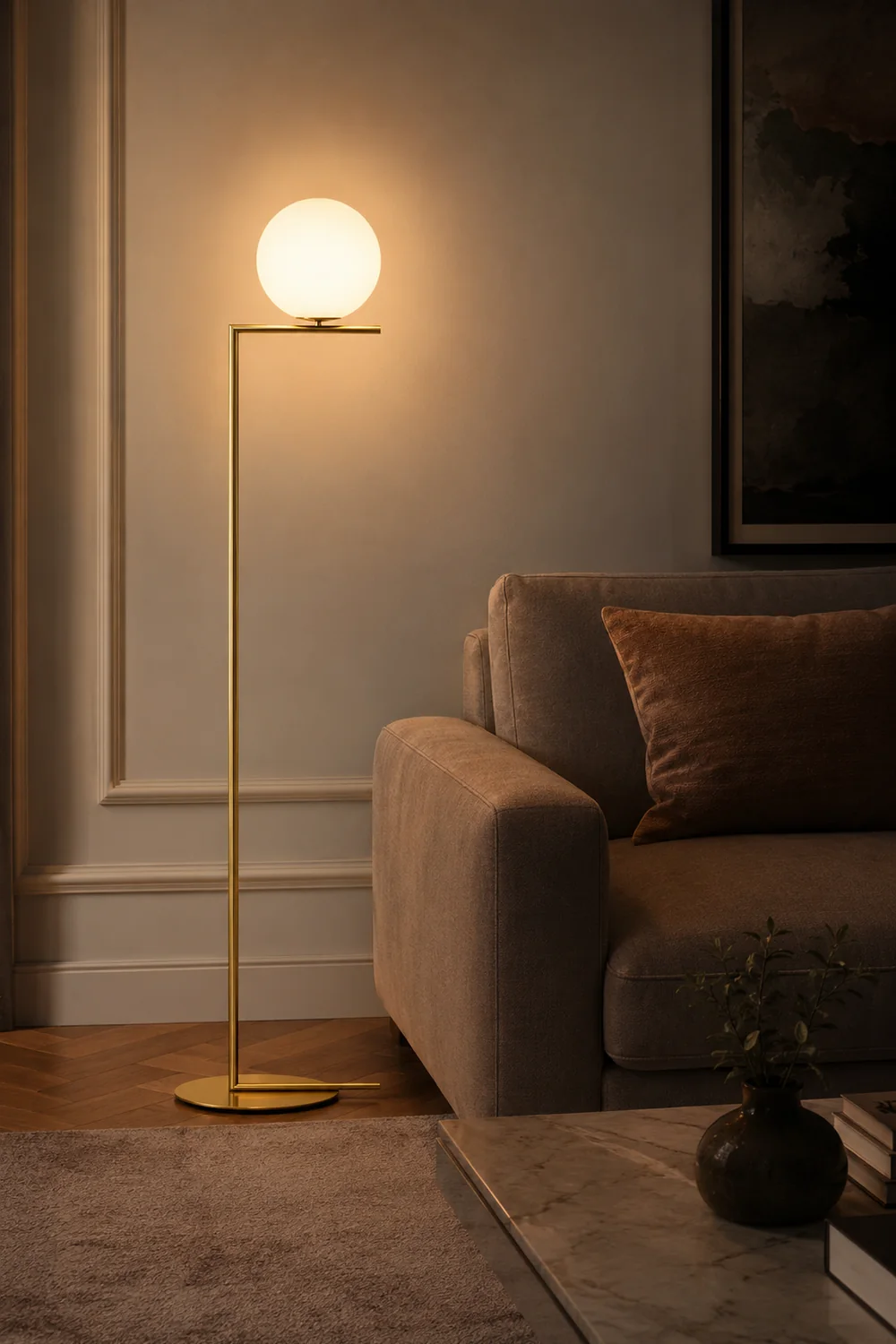 Valentina Modern Right Angle Globe Metal/Glass Standing Floor Lamp, Brass/Silver - Lumpaz