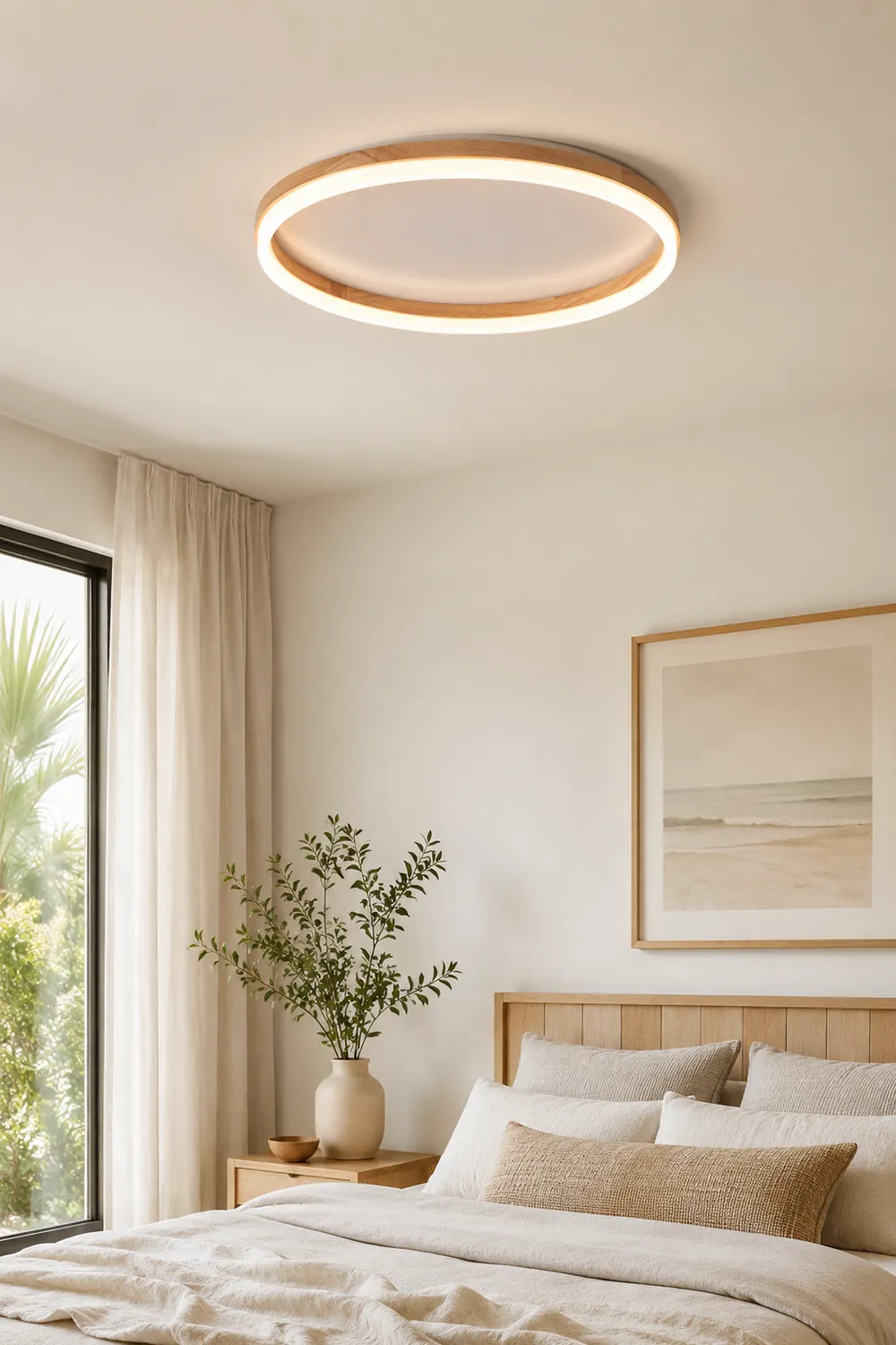 Ozawa Round Modern Flush Mount Ceiling Light Wood Acrylic Bedroom - Lumpaz