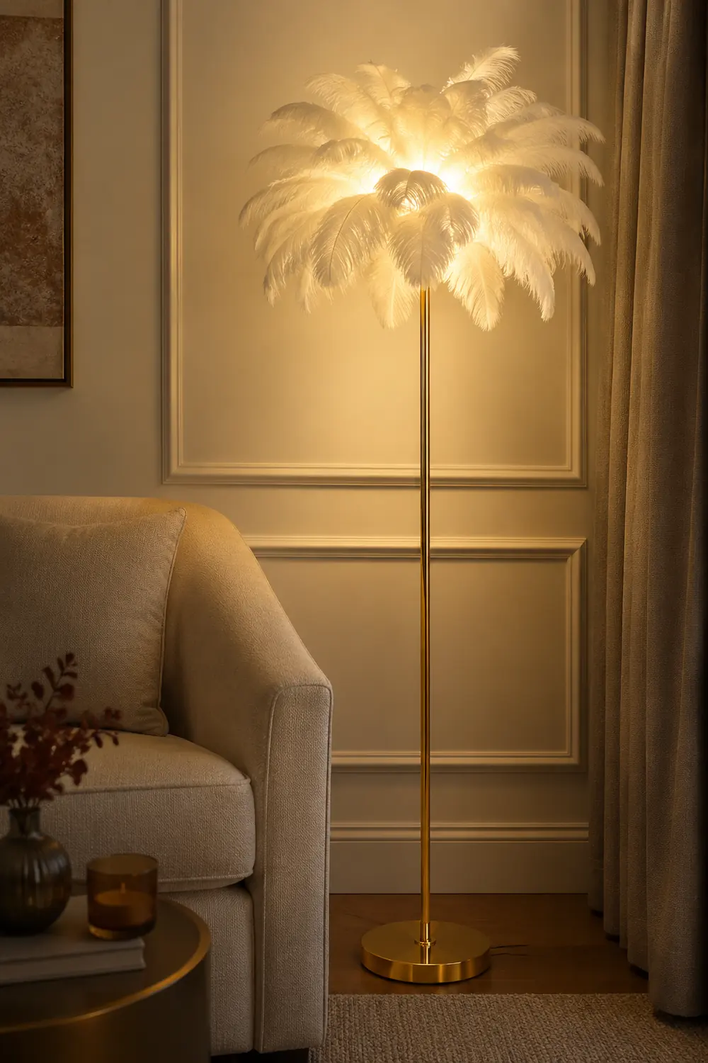 O'Moore Modern Floor Lamp, Natural Ostrich Feather & Metal Stand - Lumpaz