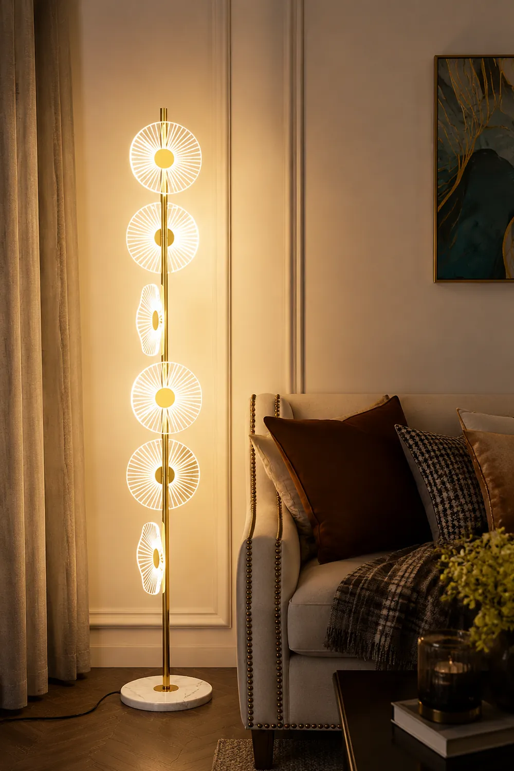 Carins Floor Lamp Creative Circle Modern, Acrylic, White/Gold, Bedroom - Lumpaz