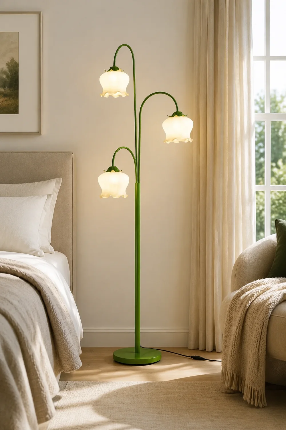 Lily Green Shade Flower Floor Lamp, Metal/Glass, Living Room/Bedroom - Lumpaz
