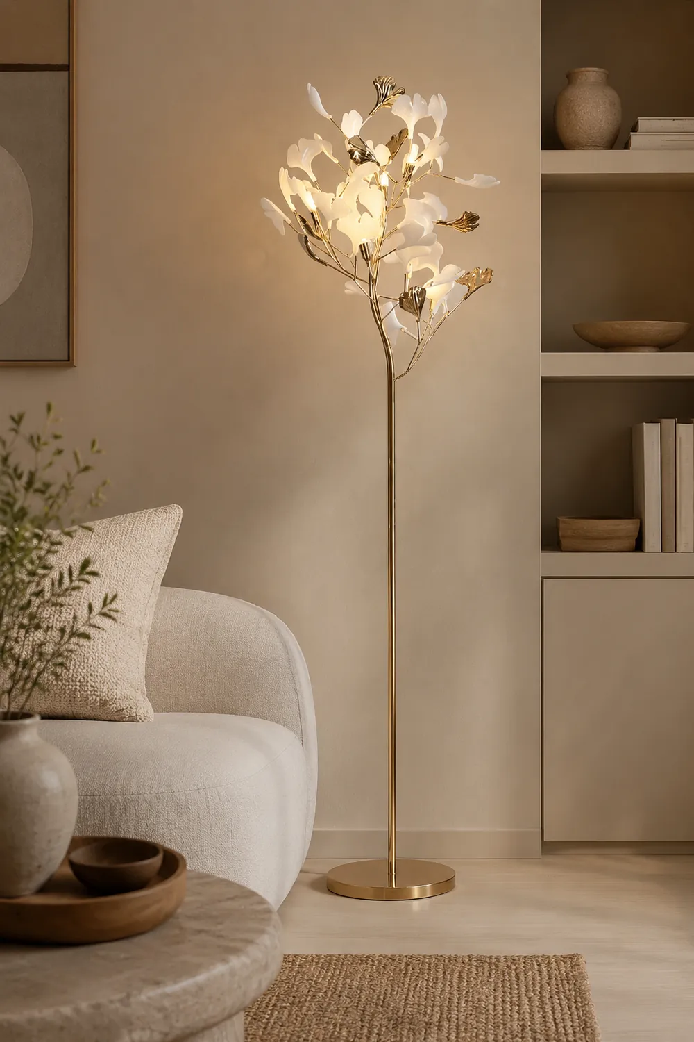 Ophelia Floor Lamp Leaf Artistic, Ceramic/Metal, White/Gold, Study - Lumpaz