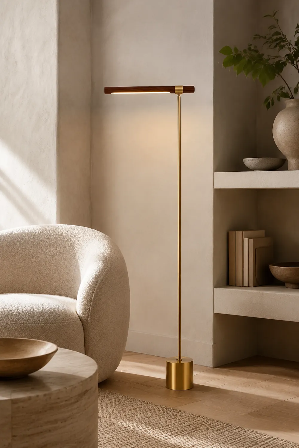 Edge Floor Lamp Linear Minimalist, Metal/Wood, Gold, Living Room - Lumpaz