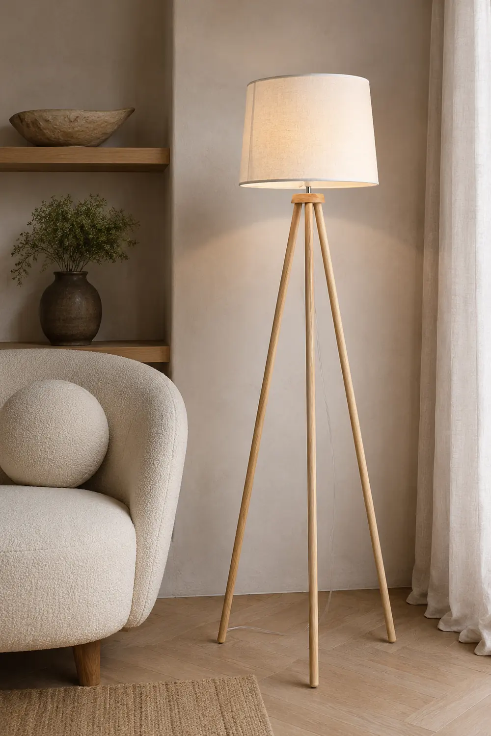 Muto Modern Cylinder Wood Fabric Floor Lamp, White/Beige - Lumpaz