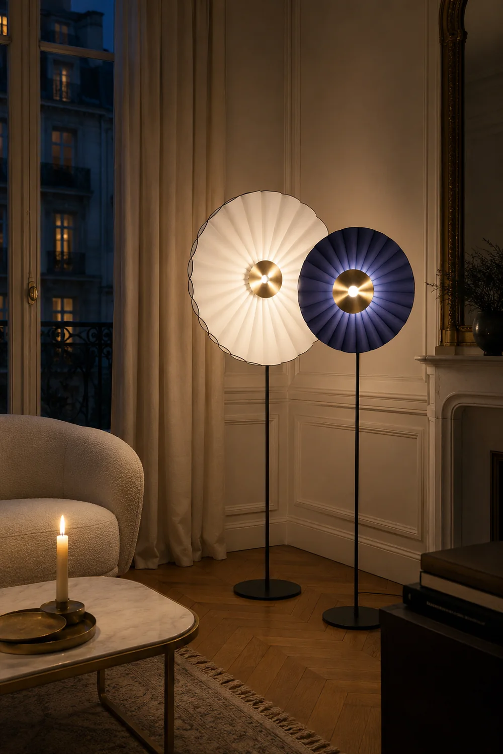 Chan Flower Metal/Artificial Paper Floor Lamp, White/Blue - Lumpaz