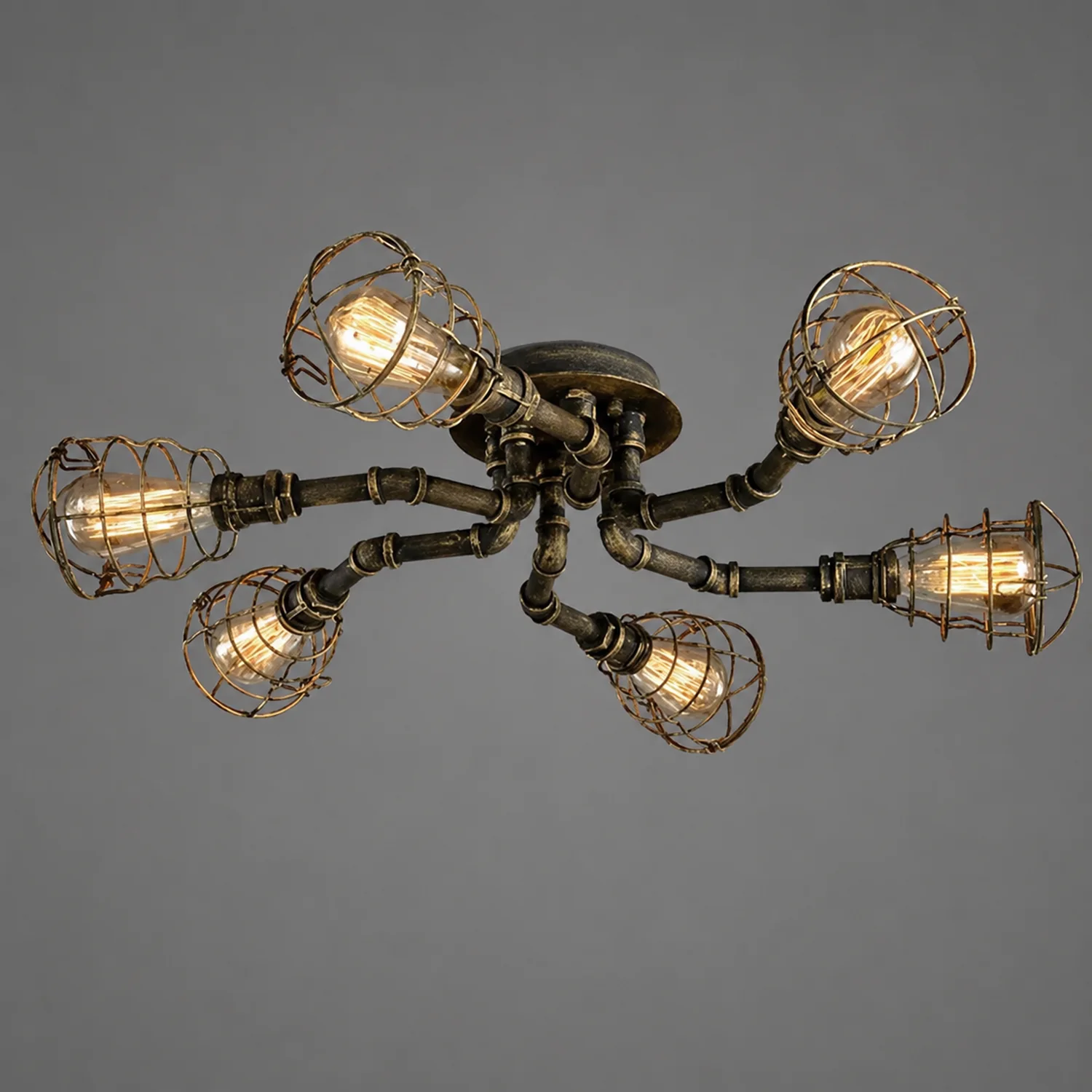 Alessio Industrial Flush Mount Ceiling Light, Black/Brass - Lumpaz
