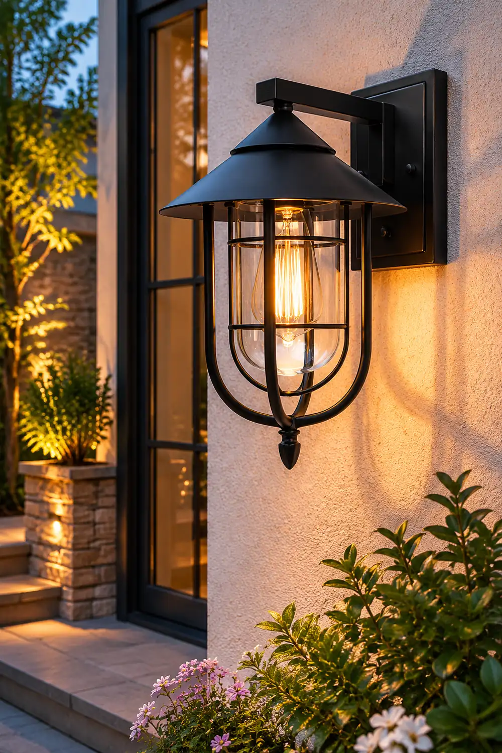 Waterproof Retro Iron Glass Motion Sensor Black Modern Outdoor Wall Lights - Lumpaz