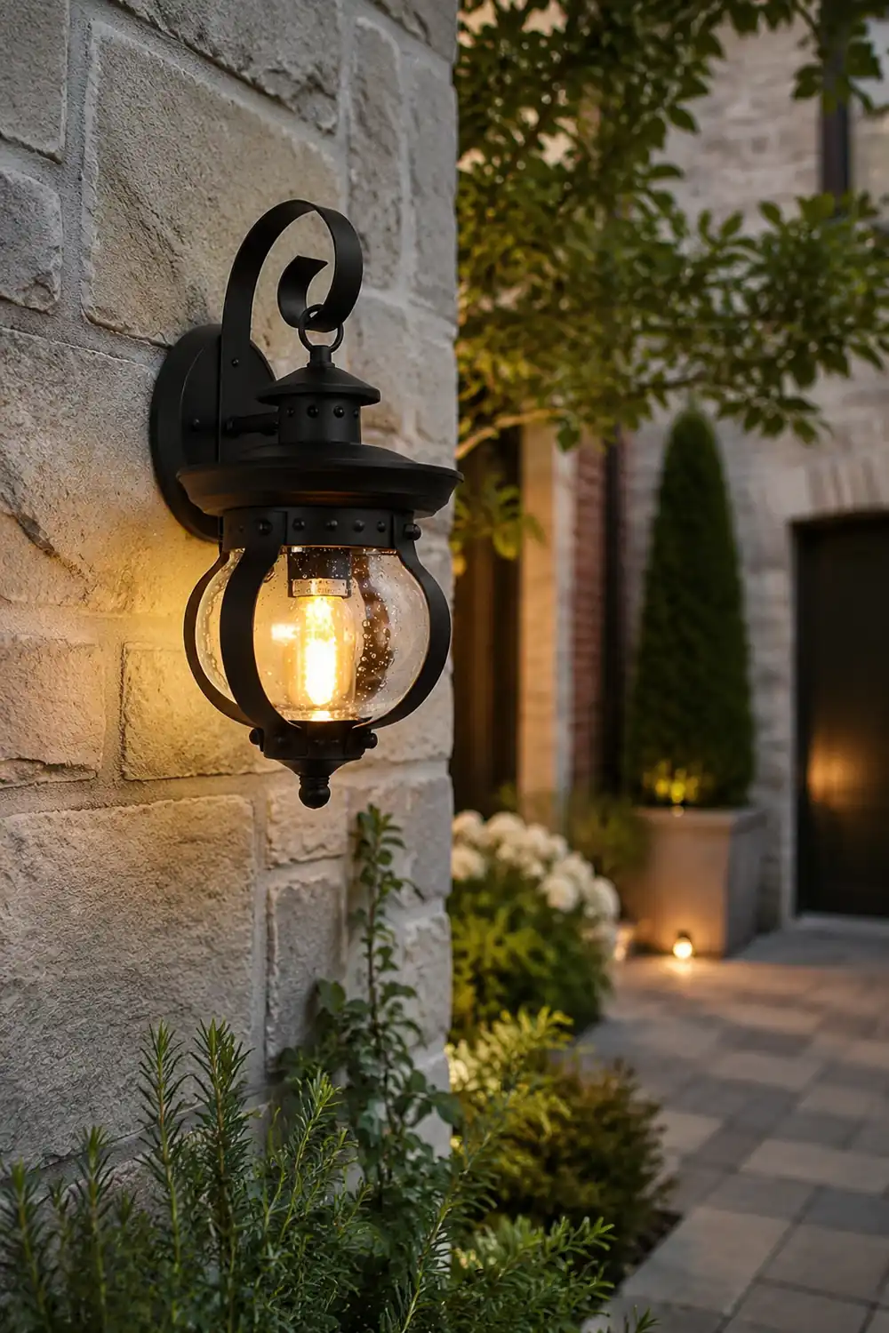 1-Light Seeded Glass Globe LED Outdoor Wall Lantern with Curved Arm - Lumpaz