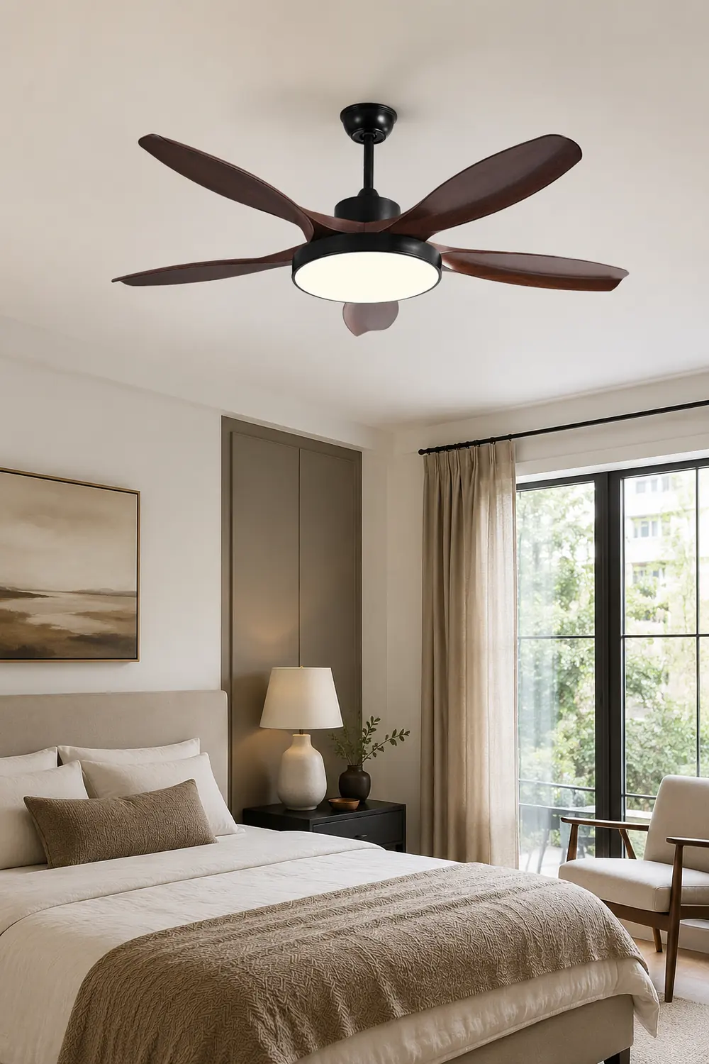 Ozawa Basic White & Black 5-Blade DC Ceiling Fan with Light, Wooden, 51'' - Lumpaz