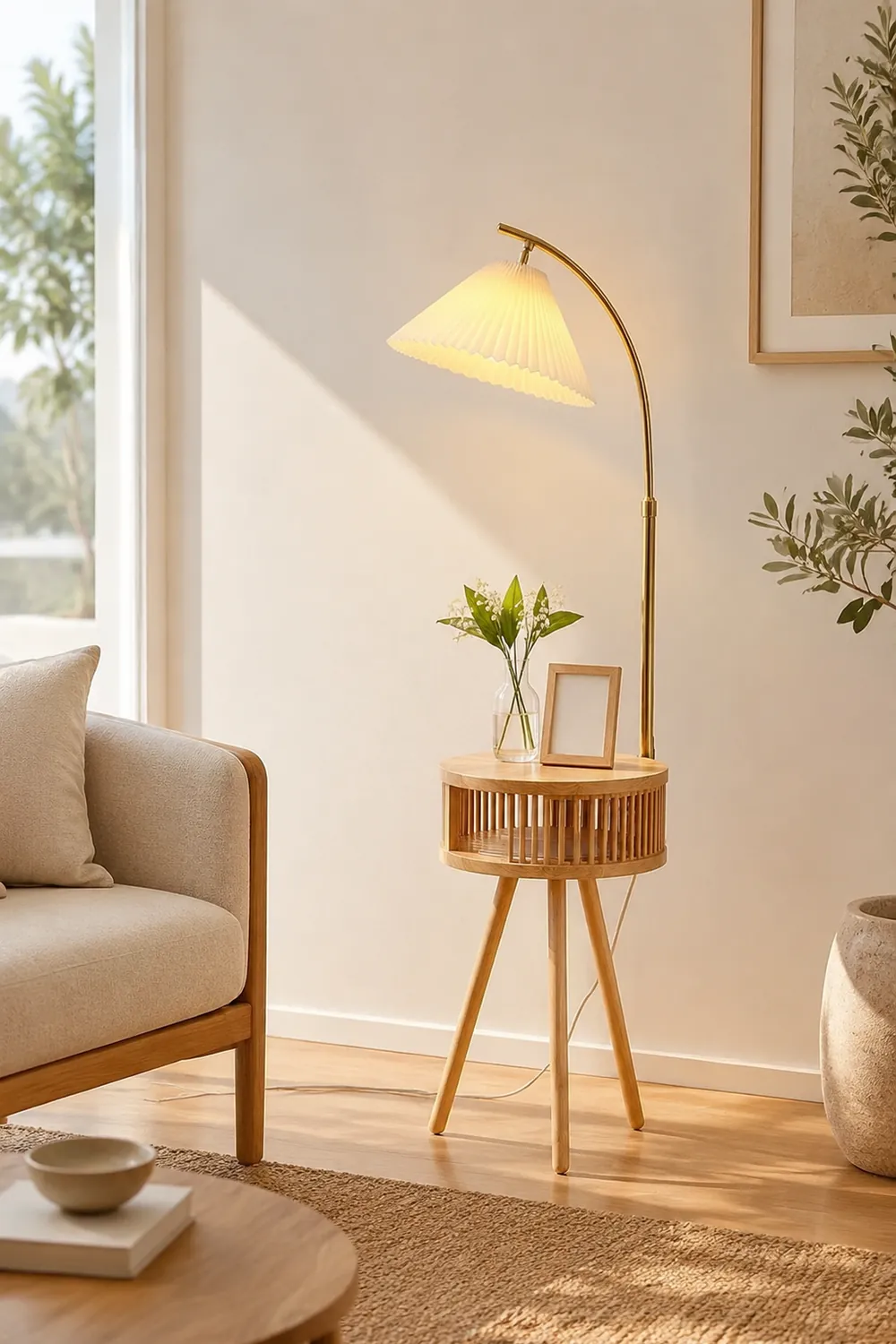 Ozawa Retro Pleated Metal & Wood Floor Lamp /w Bedside Table - Lumpaz