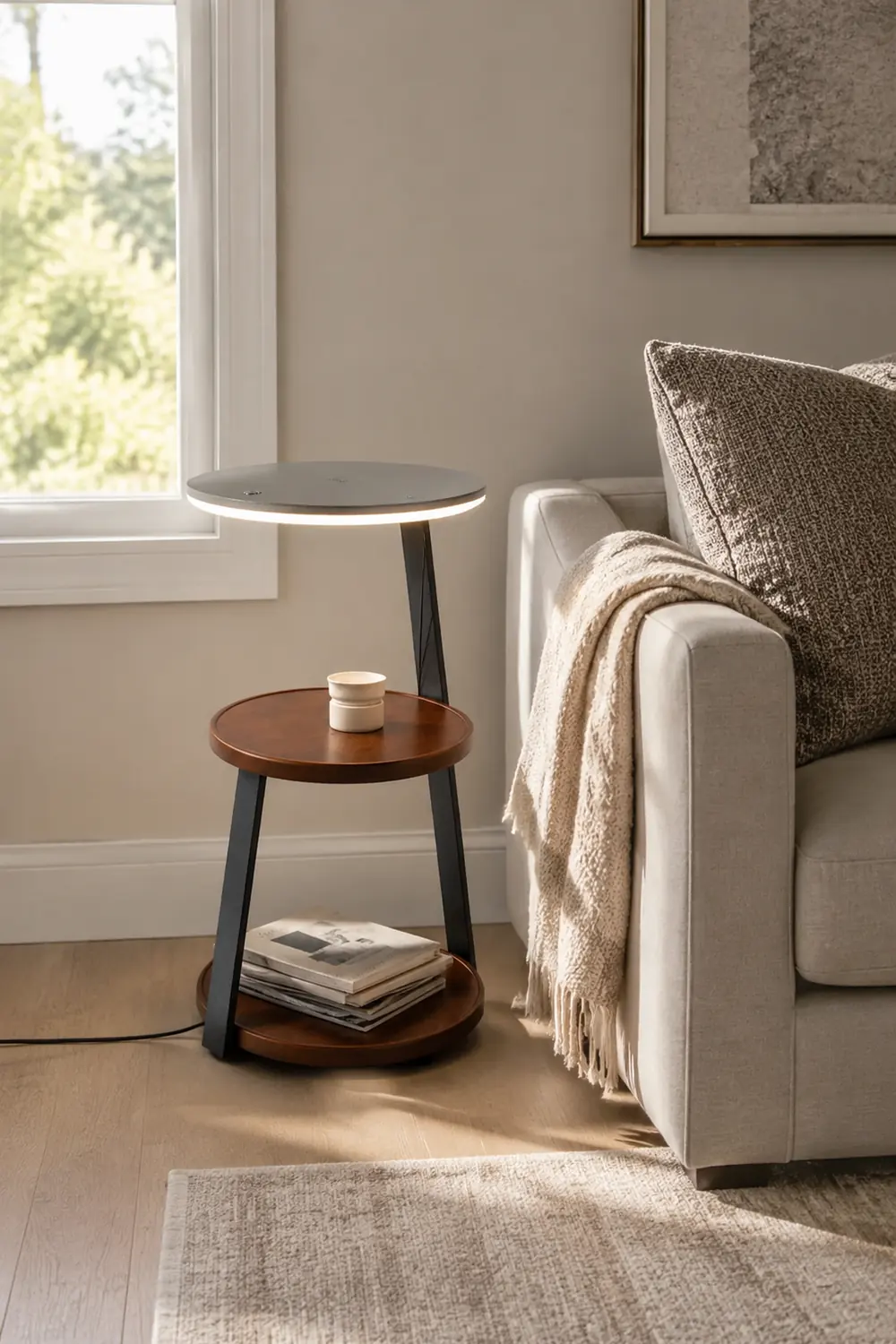 Ozawa Natural Round Wood Floor Lamp With Table Bedroom - Lumpaz