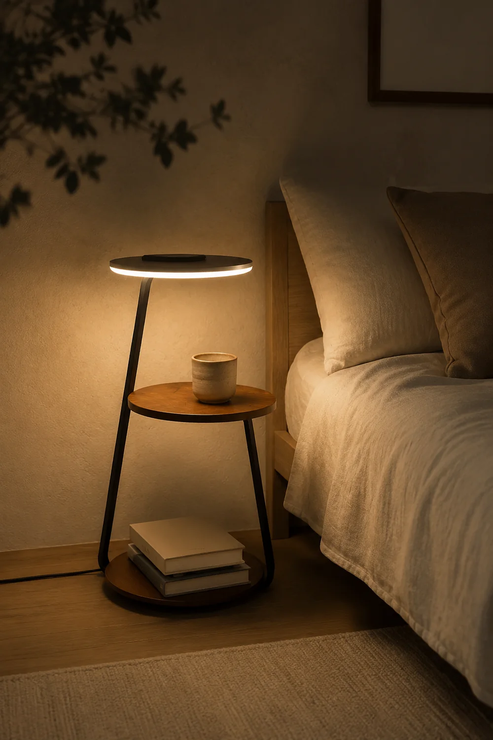 Ozawa Natural Round Wood Floor Lamp With Table Bedroom - Lumpaz
