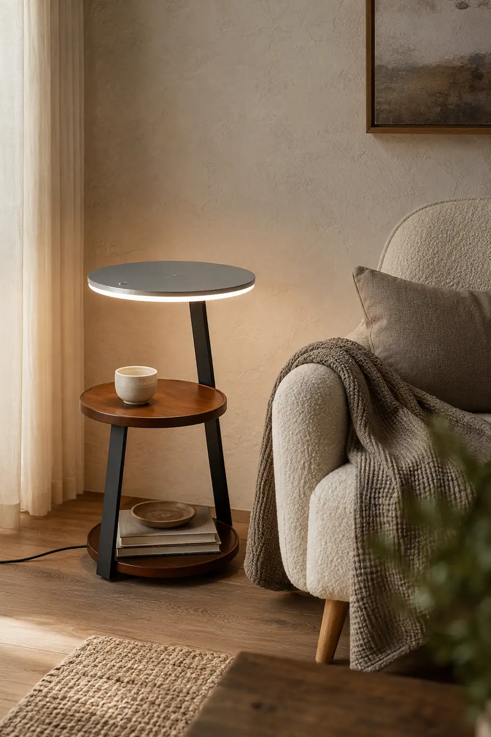 Ozawa Natural Round Wood Floor Lamp With Table Bedroom - Lumpaz