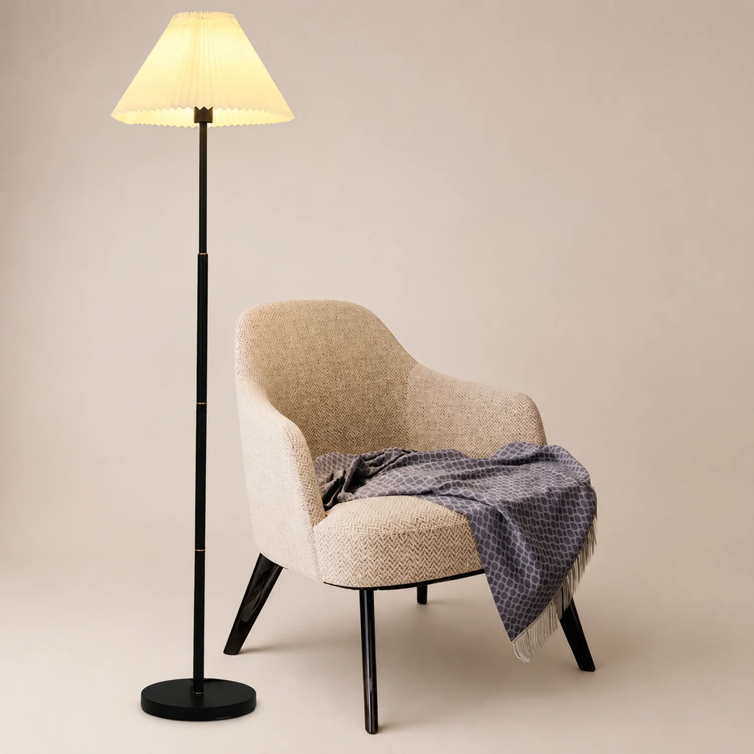 Ozawa Modern Pleated Metal Fabric Floor Lamp, White/Green/Apricot - Lumpaz