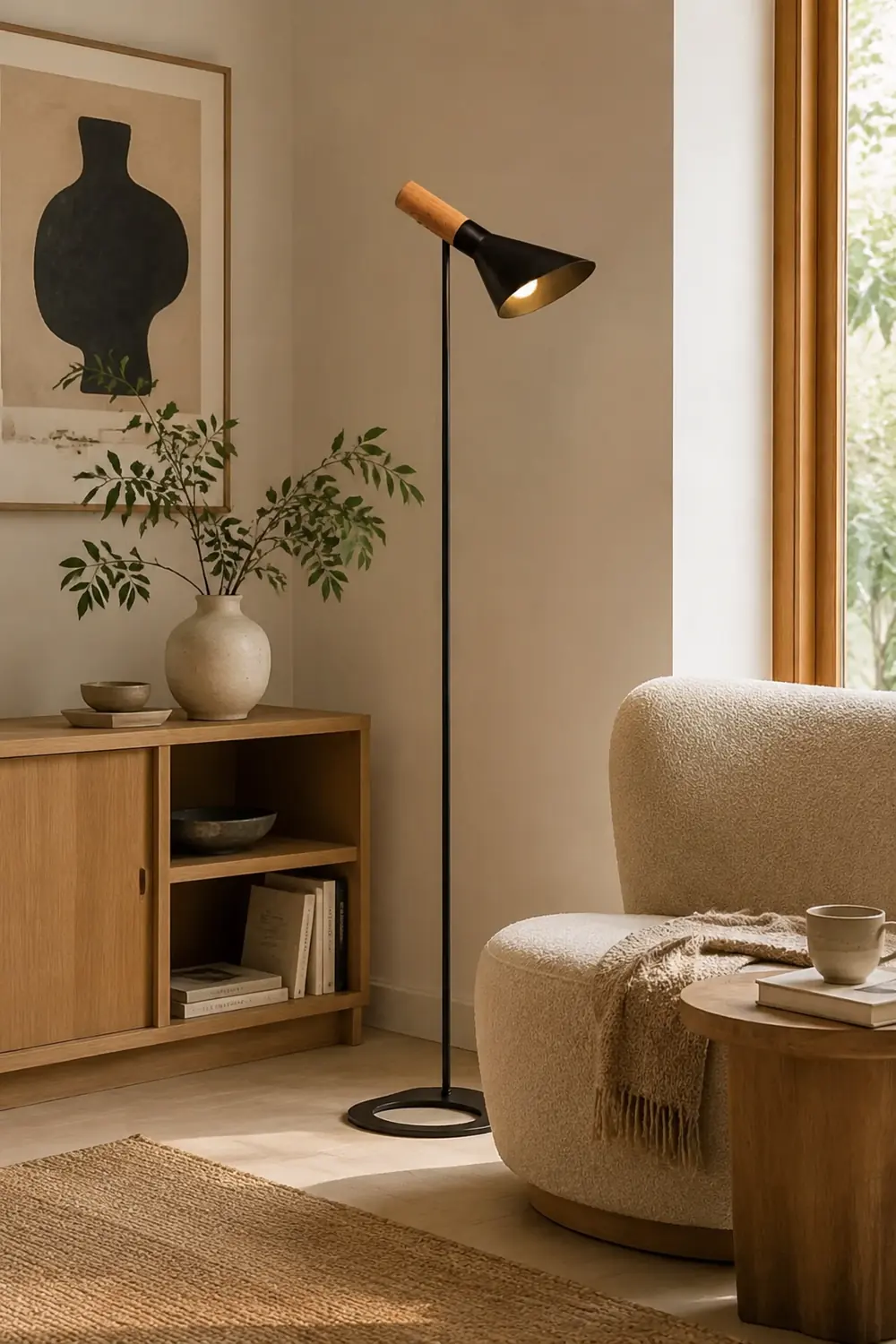 Carins Modern Minimalist Metal/Wood Floor Lamp, Black/White - Lumpaz