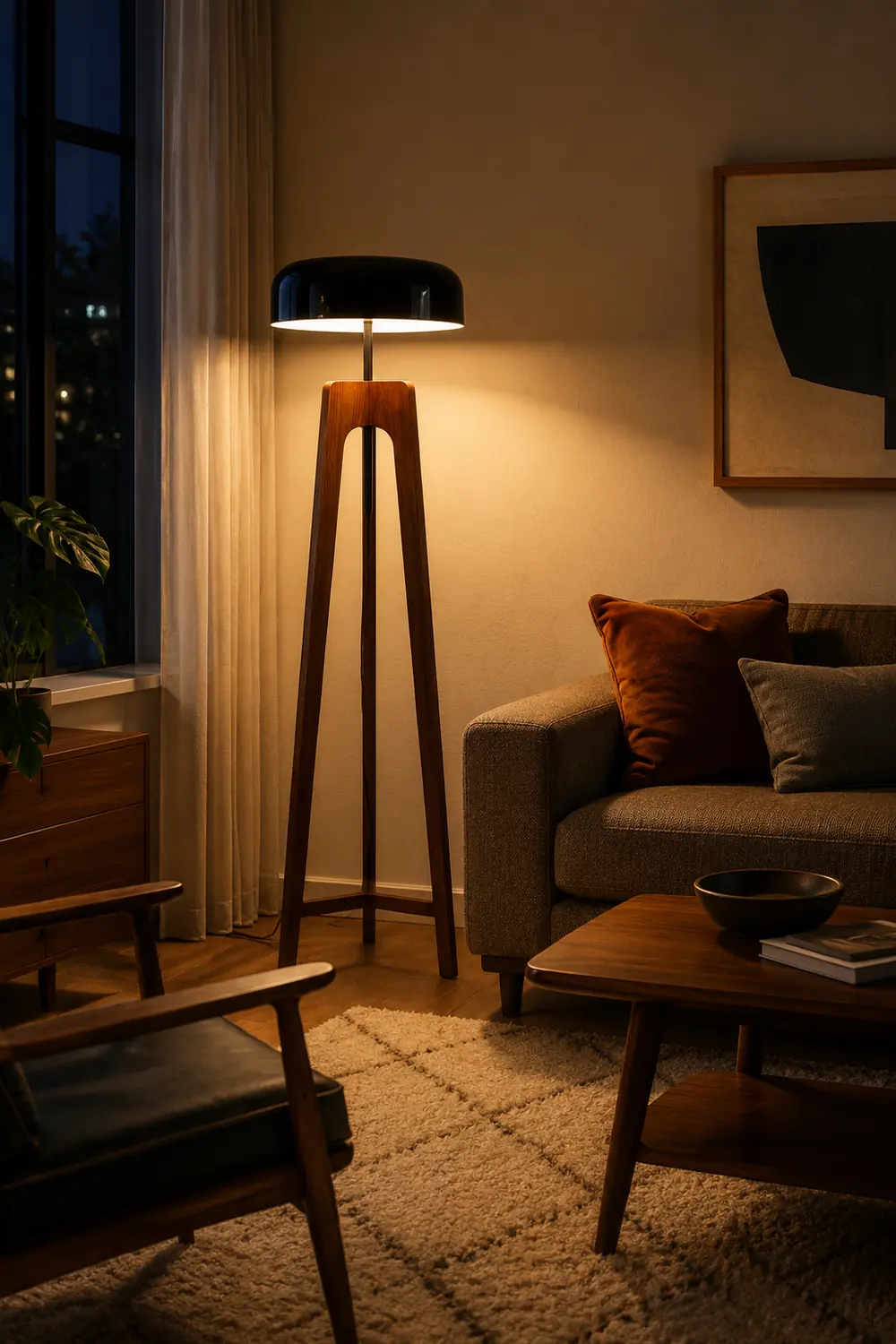 Ozawa Modern Bowl Tripod Wood Metal Floor Lamp, Black/White - Lumpaz