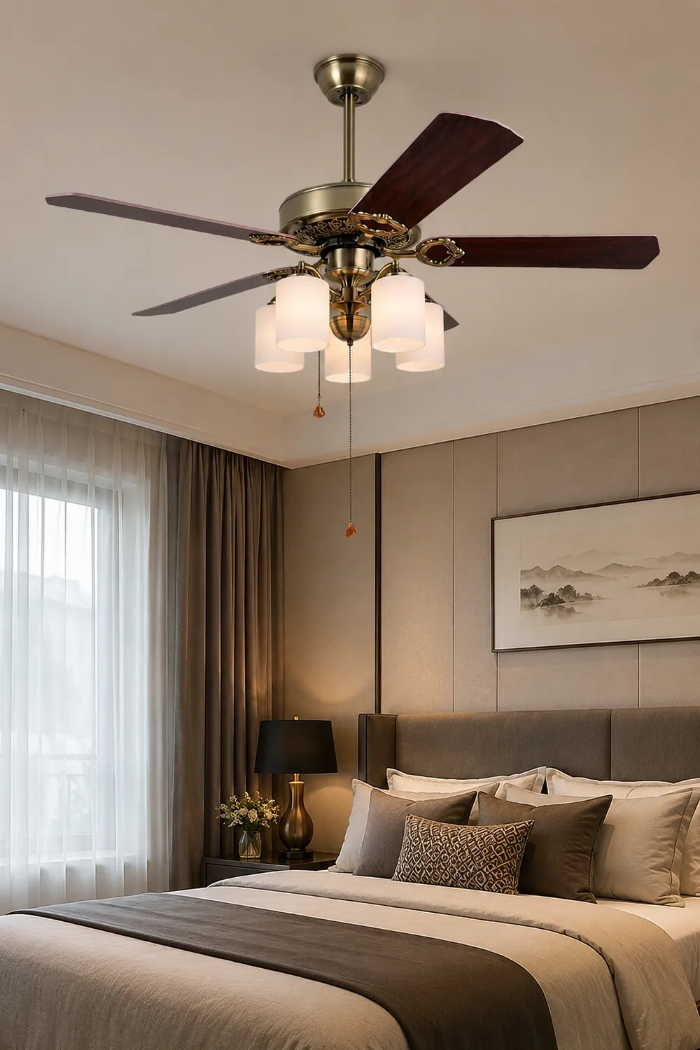 Alessio 5-Blade Rustic DC Ceiling Fan with Light, Brass, 48'' - Lumpaz