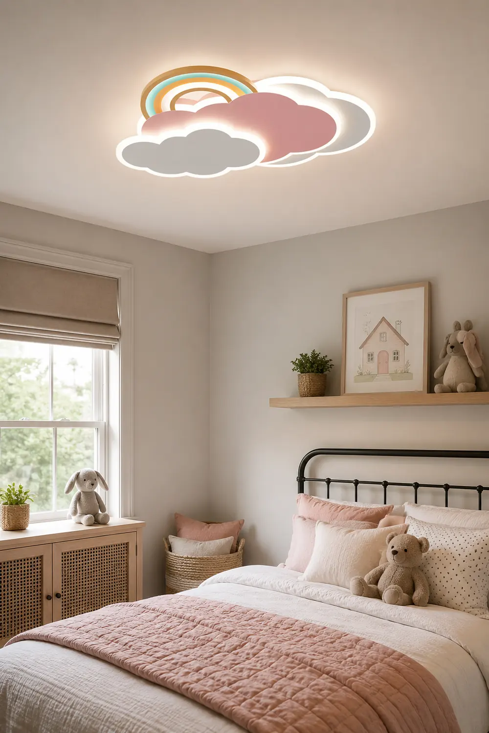 Minori Modern Cloud/Rainbow Metal/Acrylic Flush Mount Ceiling Light Pink/White - Lumpaz
