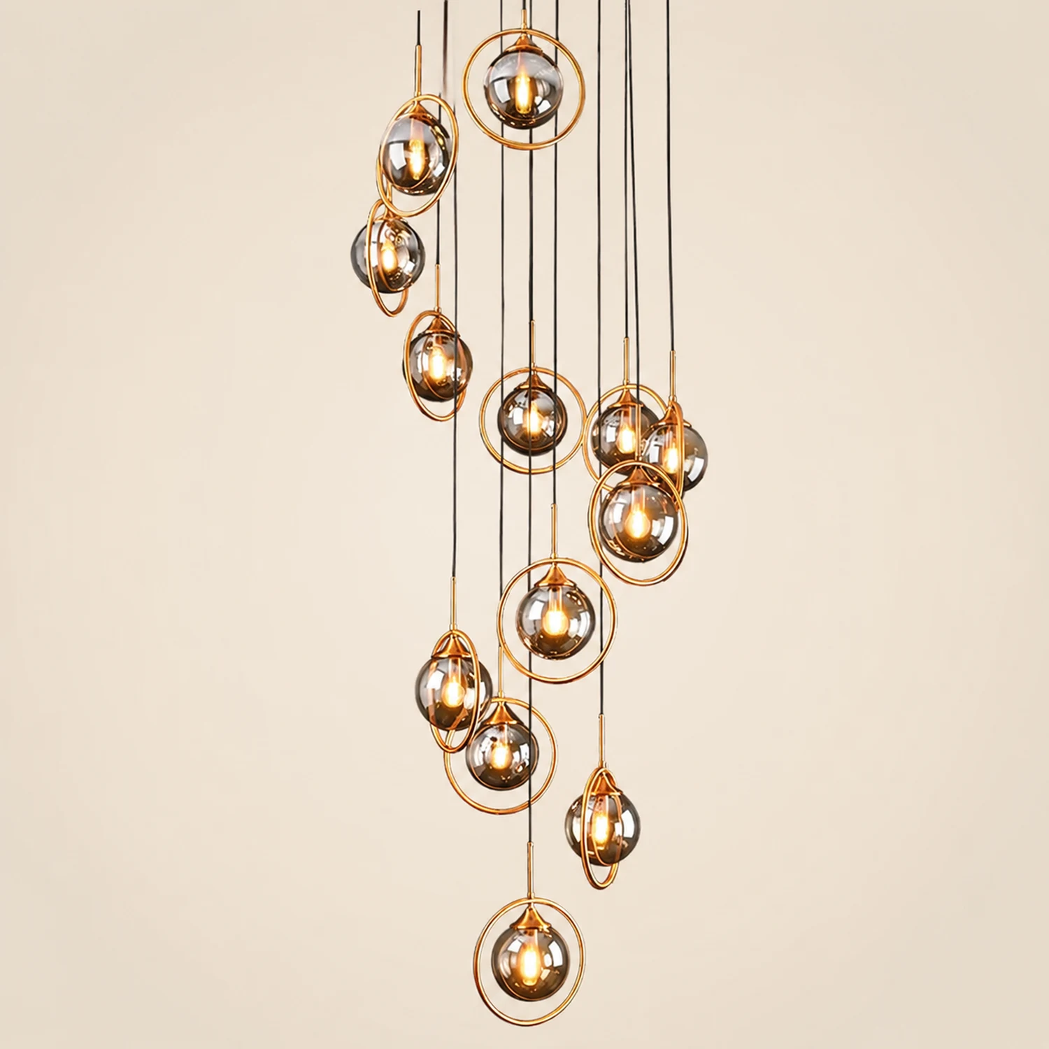 Hailie Modern Spiral Ball Glass Staircase Chandelier, Clear/Amber/Smoke Gray - Lumpaz