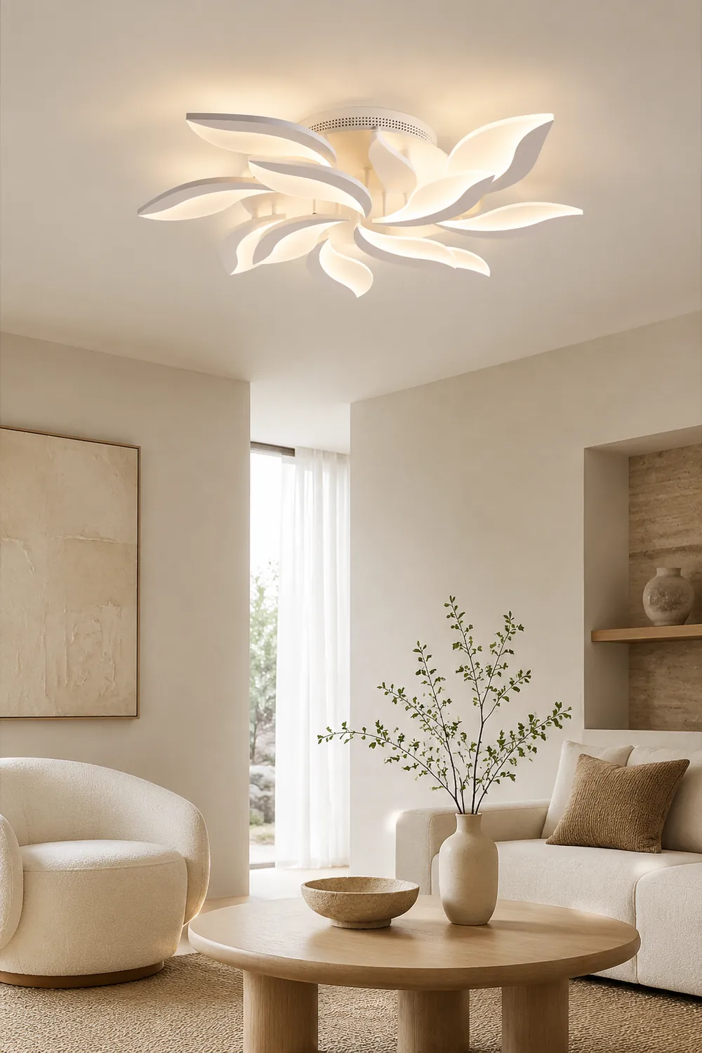 Hana Minimalist Art Deco Flower Flush Mount Ceiling Light, White, Living Room - Lumpaz