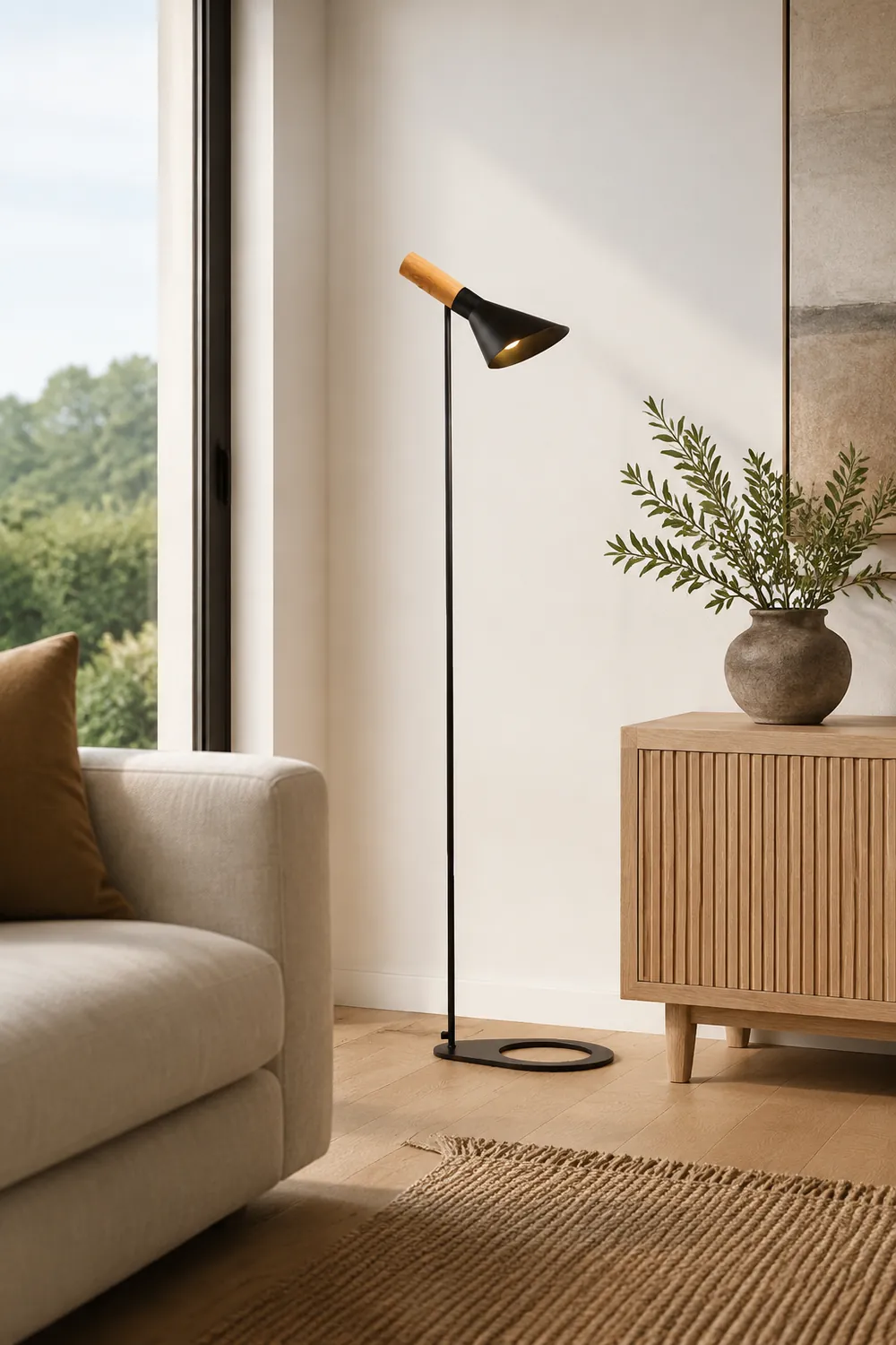Carins Modern Minimalist Metal/Wood Floor Lamp, Black/White - Lumpaz