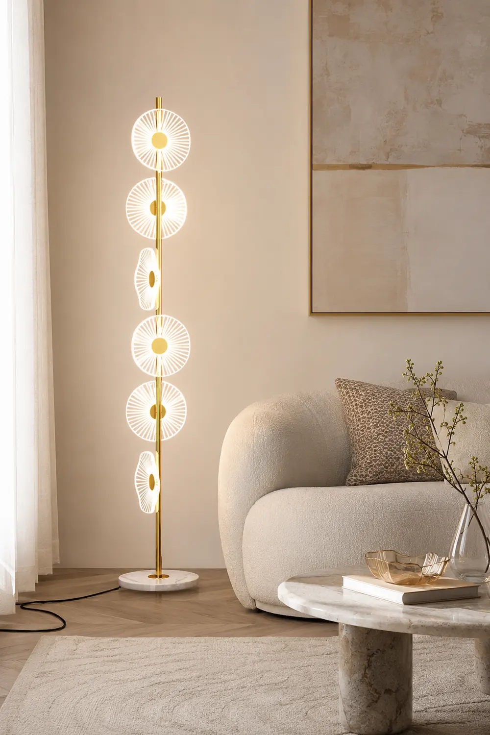 Carins Floor Lamp Creative Circle Modern, Acrylic, White/Gold, Bedroom - Lumpaz