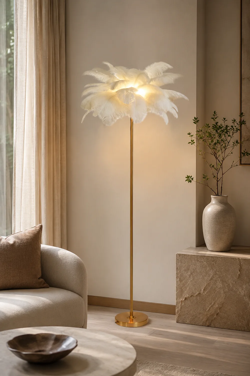 O'Moore Modern Floor Lamp, Natural Ostrich Feather & Metal Stand - Lumpaz