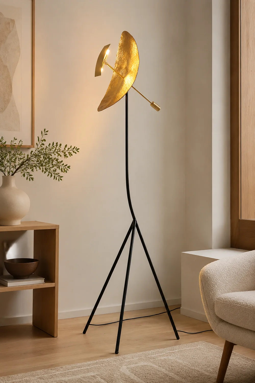 Salgado Floor Lamp Tripod Reflection Postmodern, Metal, Gold, Living Room - Lumpaz