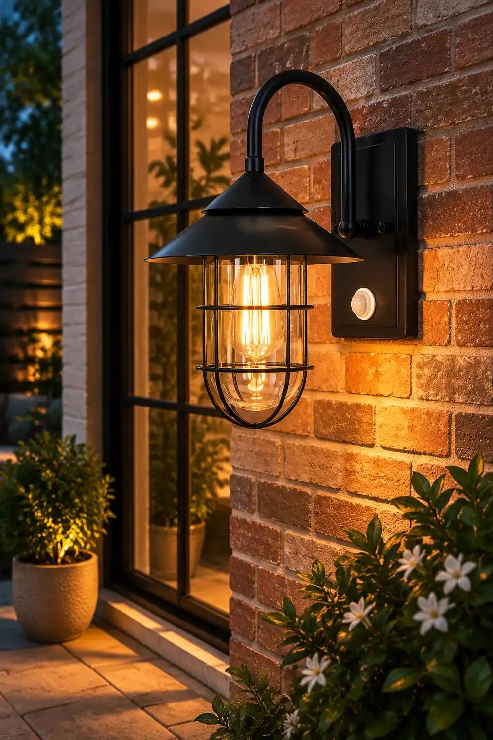 Retro Round Iron Glass Waterproof Motion Sensor Black Outdoor Wall Lights - Lumpaz