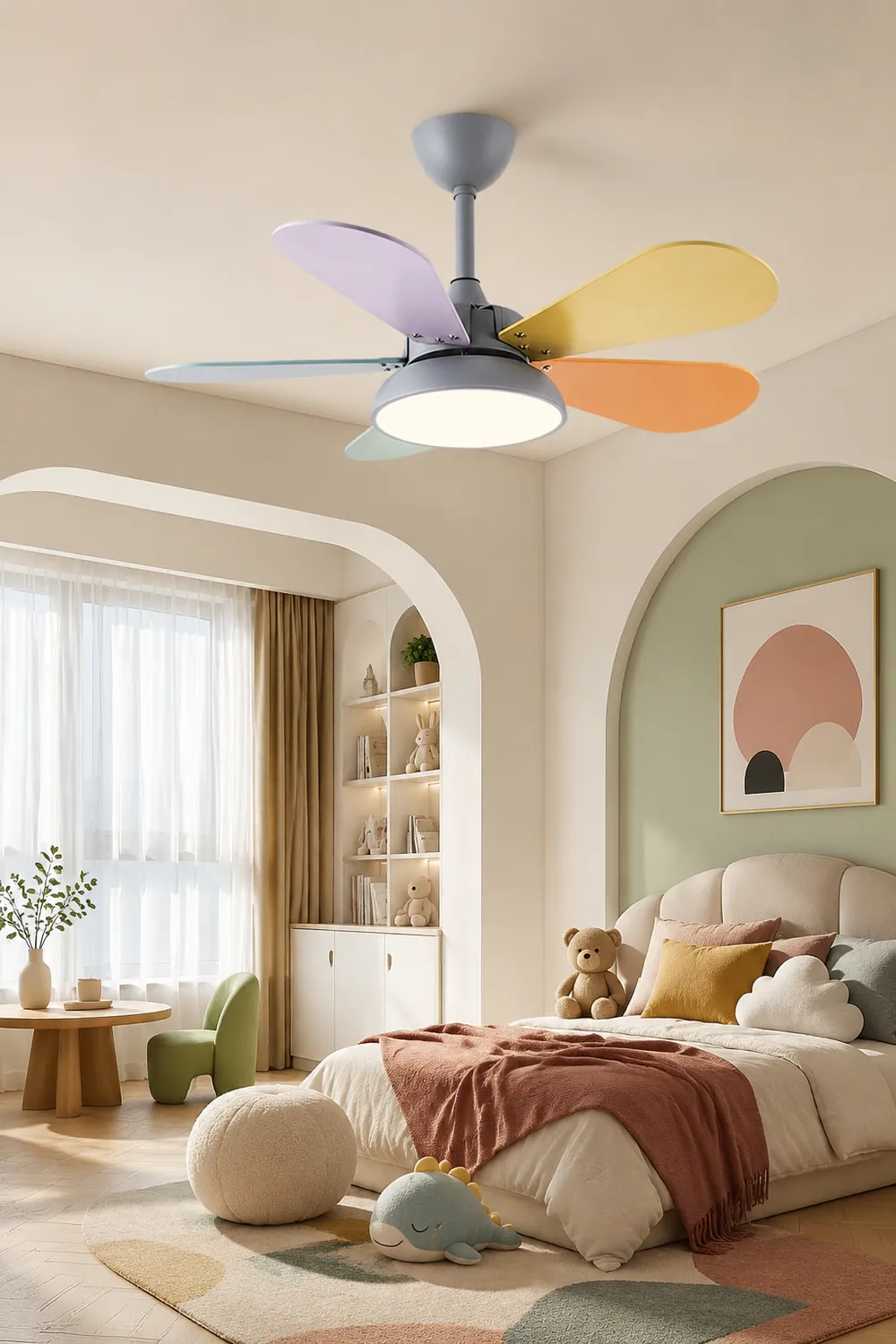 Morandi Colorful DC Ceiling Fan with Light, Gray & White, 5-Blade, for Summer - Lumpaz
