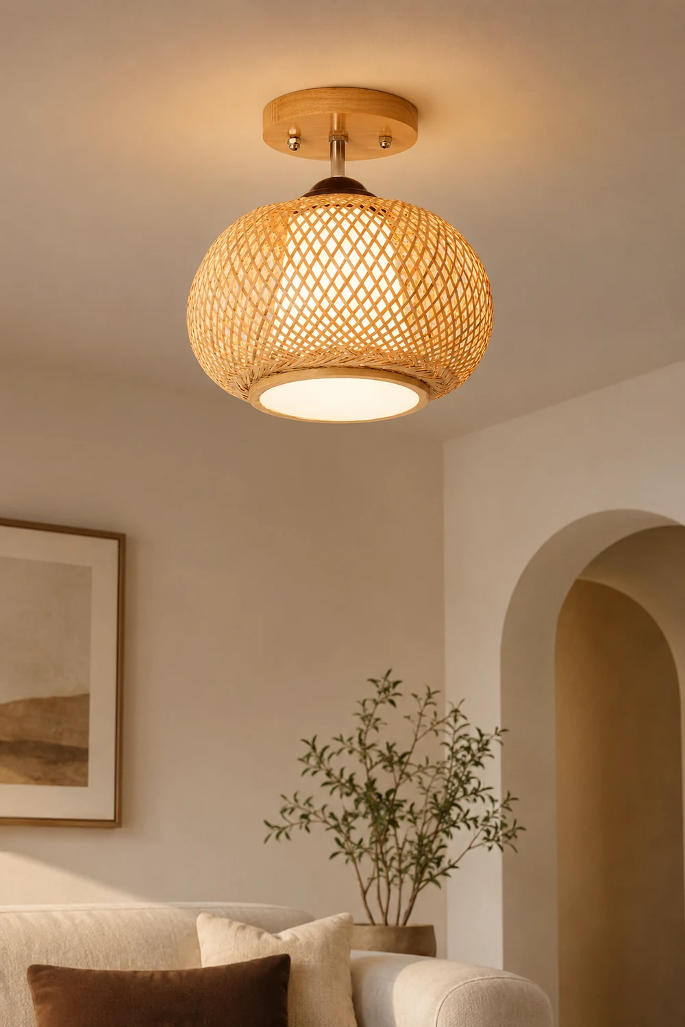 Muto Boho Flush Mount Rattan Ceiling Light, Living Room - Lumpaz