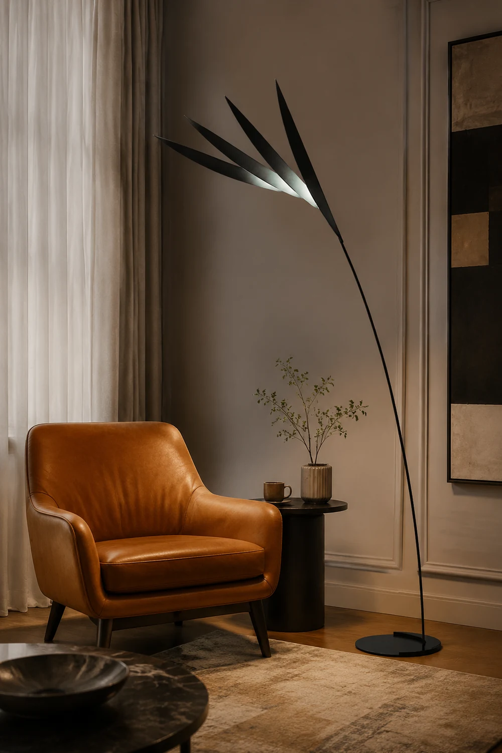 Salgado Leaf Metal/Acrylic Long Arm Floor Lamp, Living Room - Lumpaz