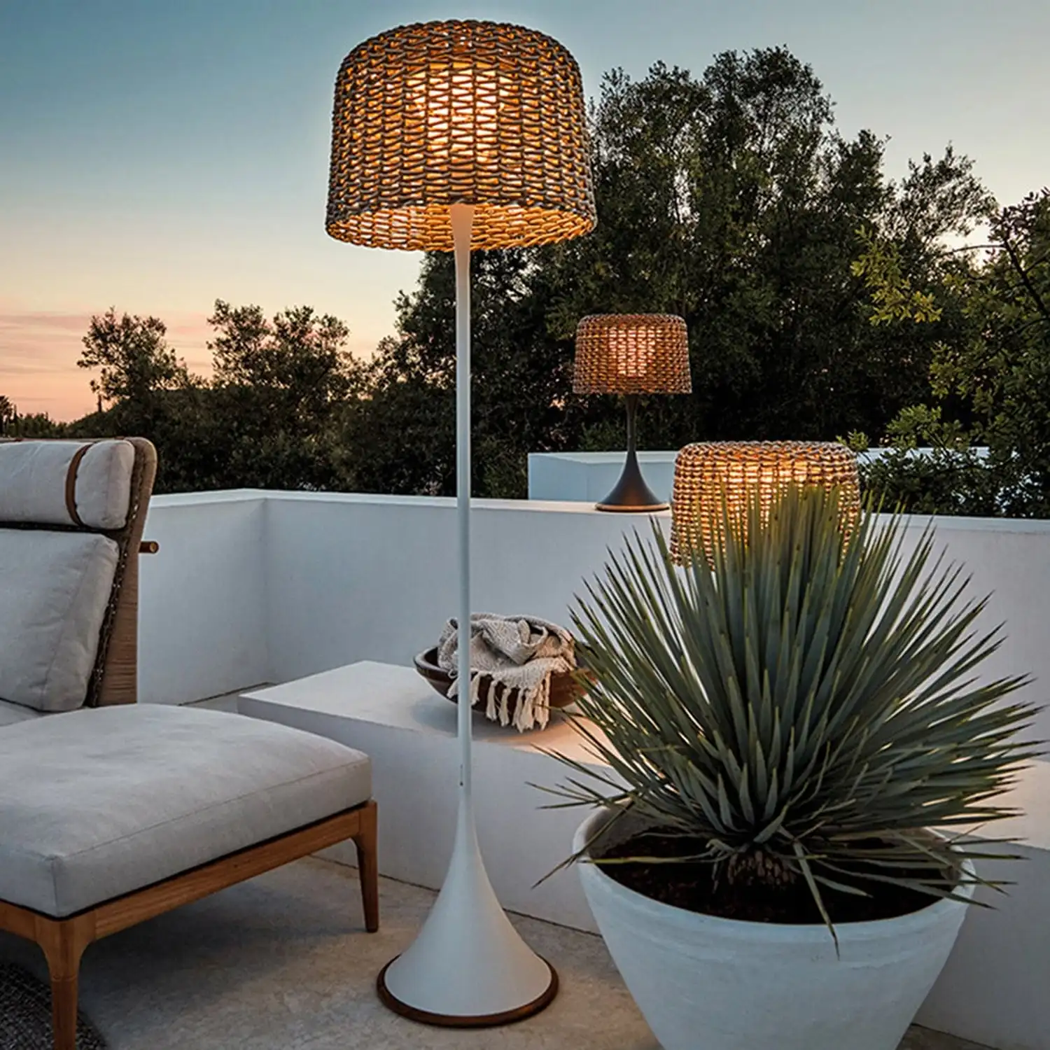 Ritta Waterproof Outdoor Floor Lamp, Rattan Black/White Balcony/Terrace - Lumpaz