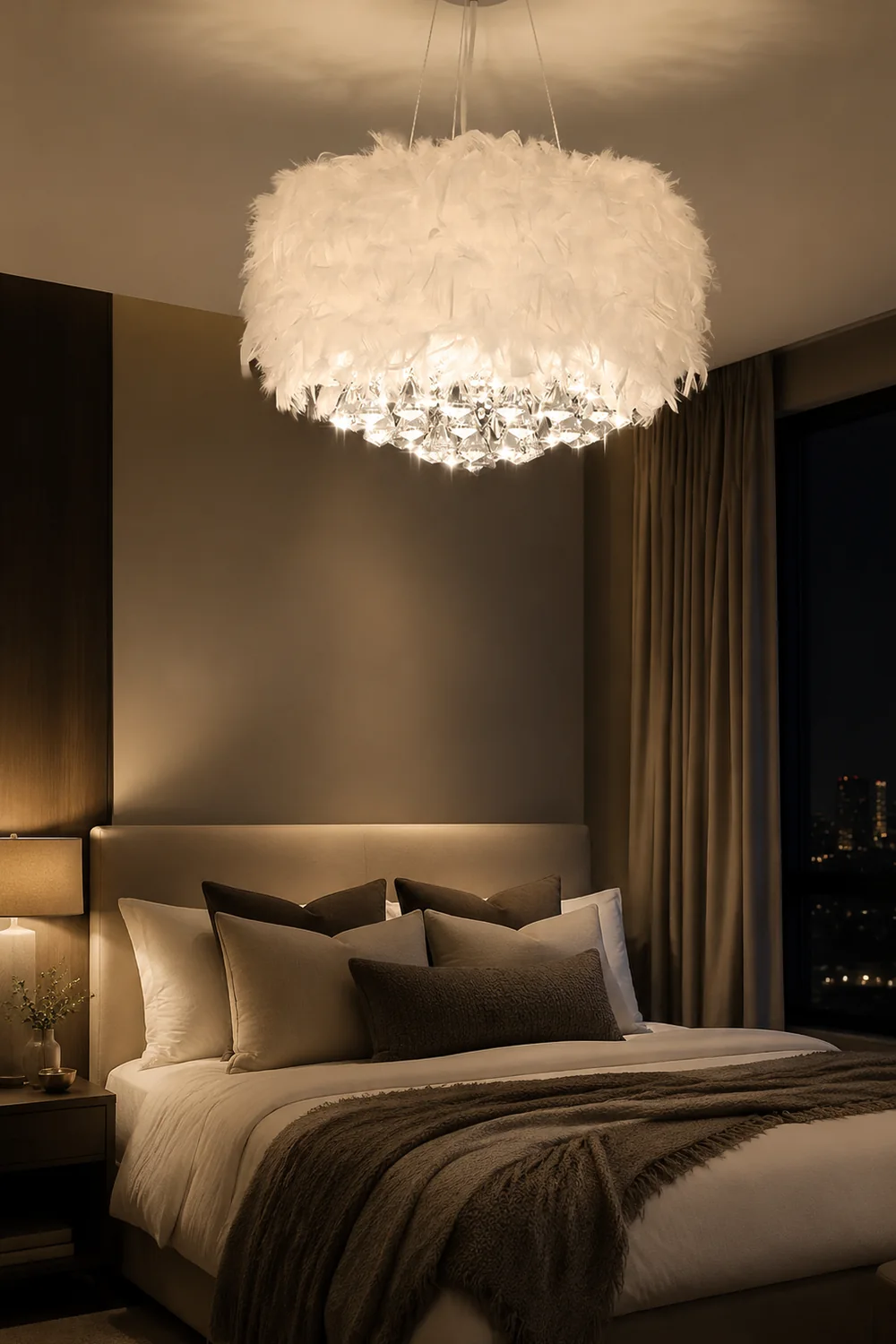 O'Moore Modern Luxury Round Chandelier, Feather/Crystal, White - Lumpaz