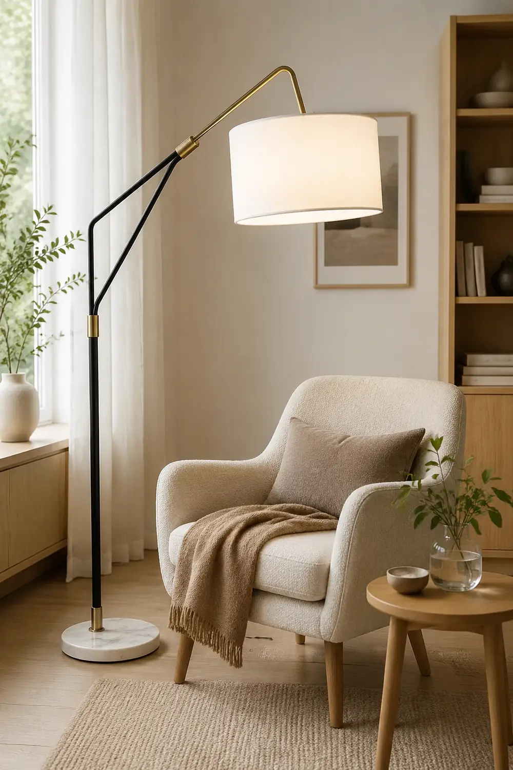 Eryn Floor Lamp Round Basic Nordic/Modern, Fabric, White, Bedroom - Lumpaz