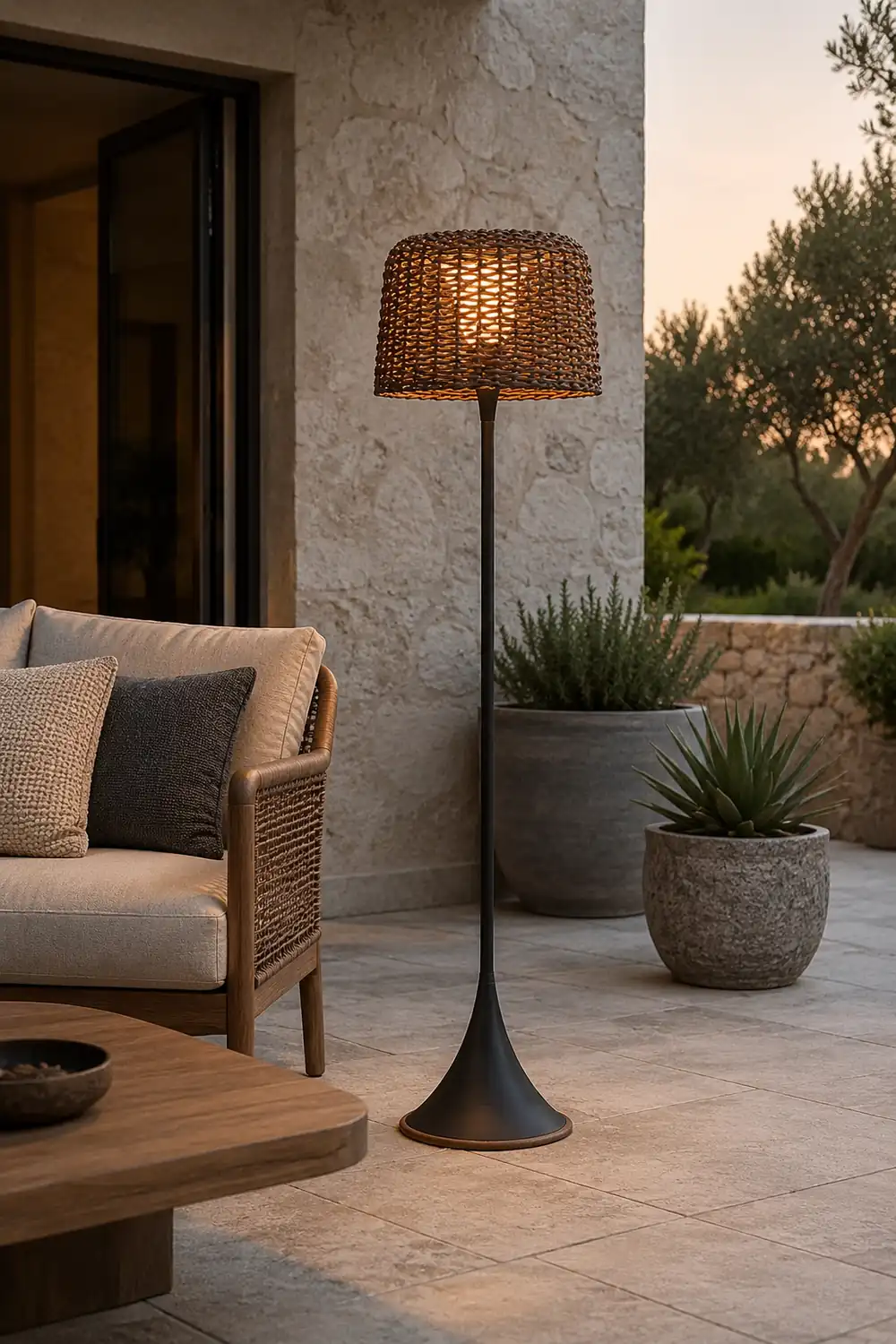 Ritta Waterproof Outdoor Floor Lamp, Rattan Black/White Balcony/Terrace - Lumpaz