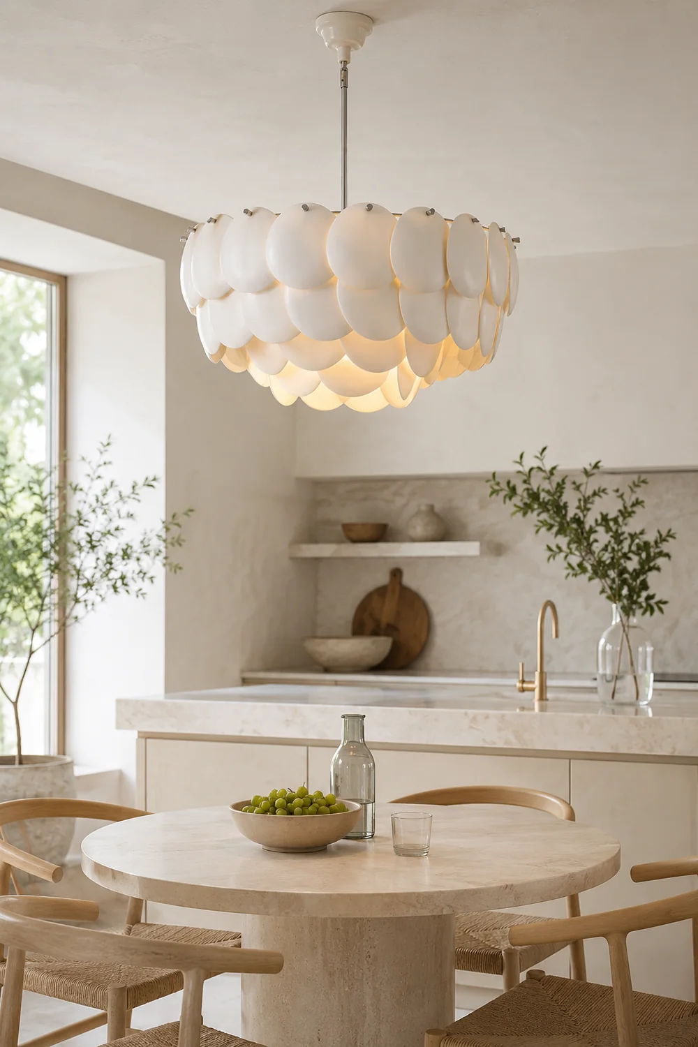 Lottie Wihte Art Deco Chandelier Light Fixture, Ceramic Leaf & Metal - Lumpaz