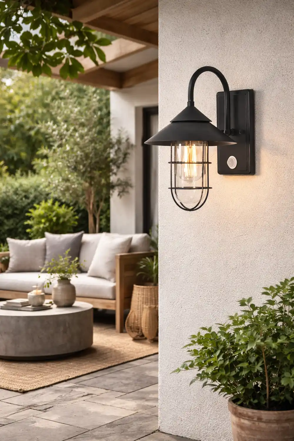 Retro Round Iron Glass Waterproof Motion Sensor Black Outdoor Wall Lights - Lumpaz
