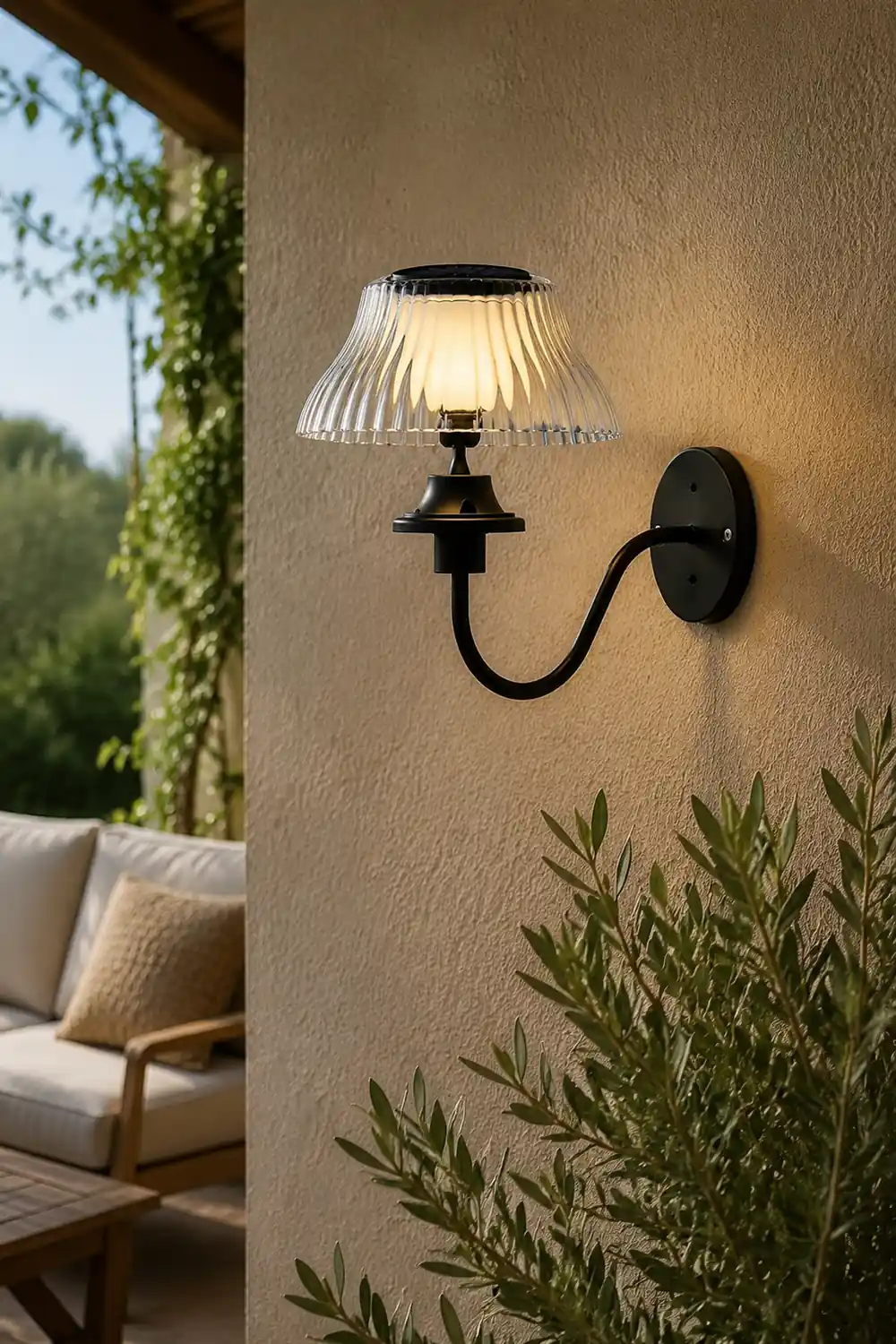 Black Metallic Arm Solar Outdoor Wall Light - Adjustable Glass Shade - Lumpaz